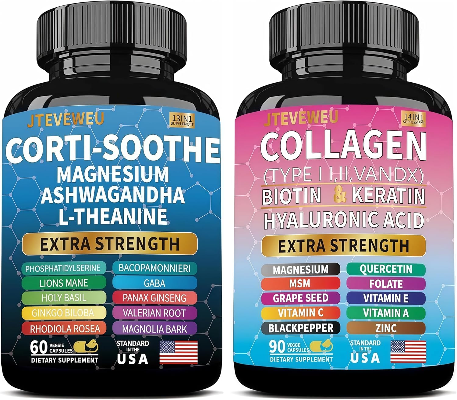 Shining Serenity Set, Cortisol Support with Ashwagandha, L-Theanine, Magnesium, Lions Mane, GABA, Bacopa Monnieri, Collagen Biotin, Keratin, Hyaluronic Acid, Quercetin