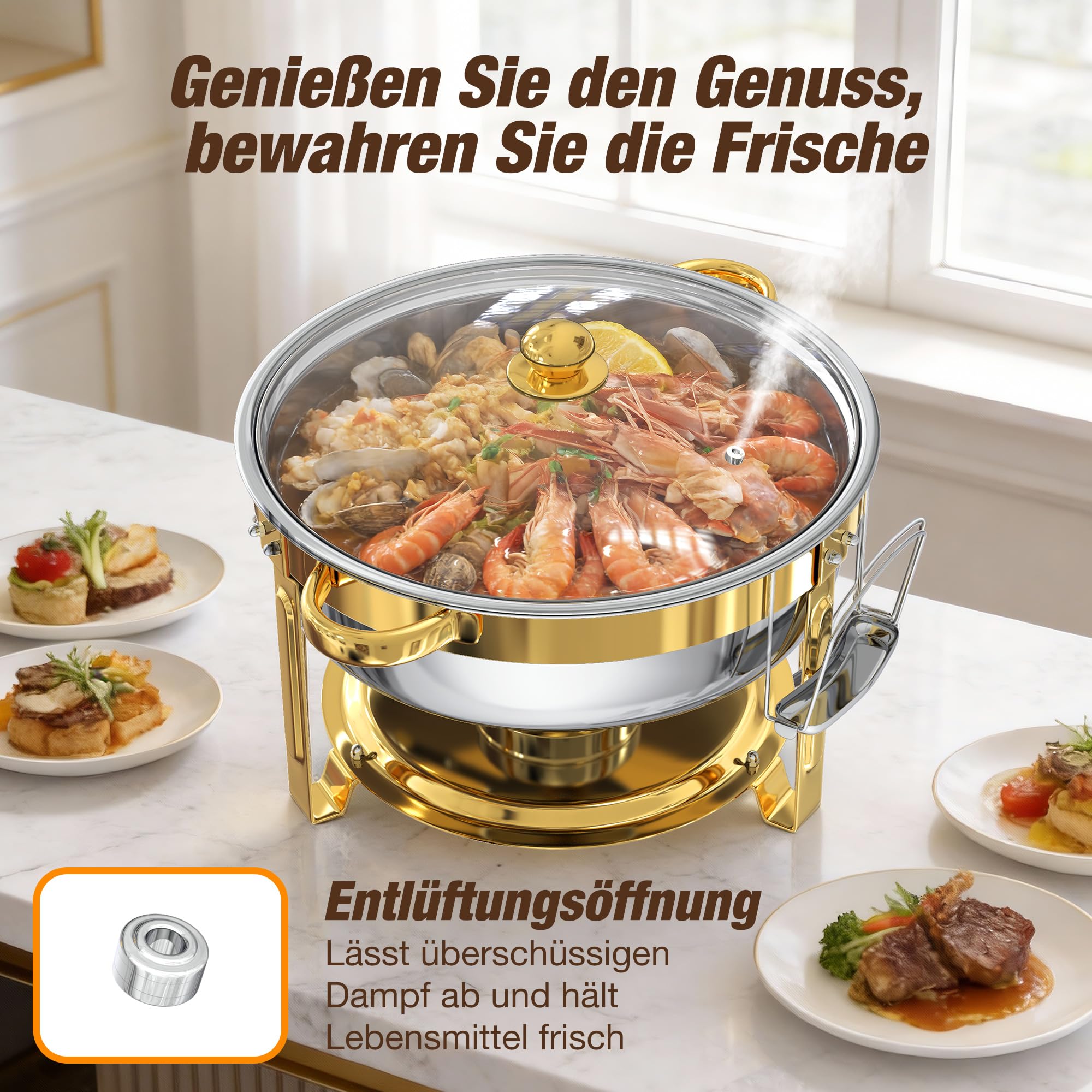 WARMOUNTS 6L Chafing Dish 4er Set Silber & Gold, Runder Speisenwärmer Edelstahl mit Glasdeckel, Stapelbarer Warmhaltebehälter Buffet Rechaud mit Deckelhalter für Gastronomie, Party, Hochzeit