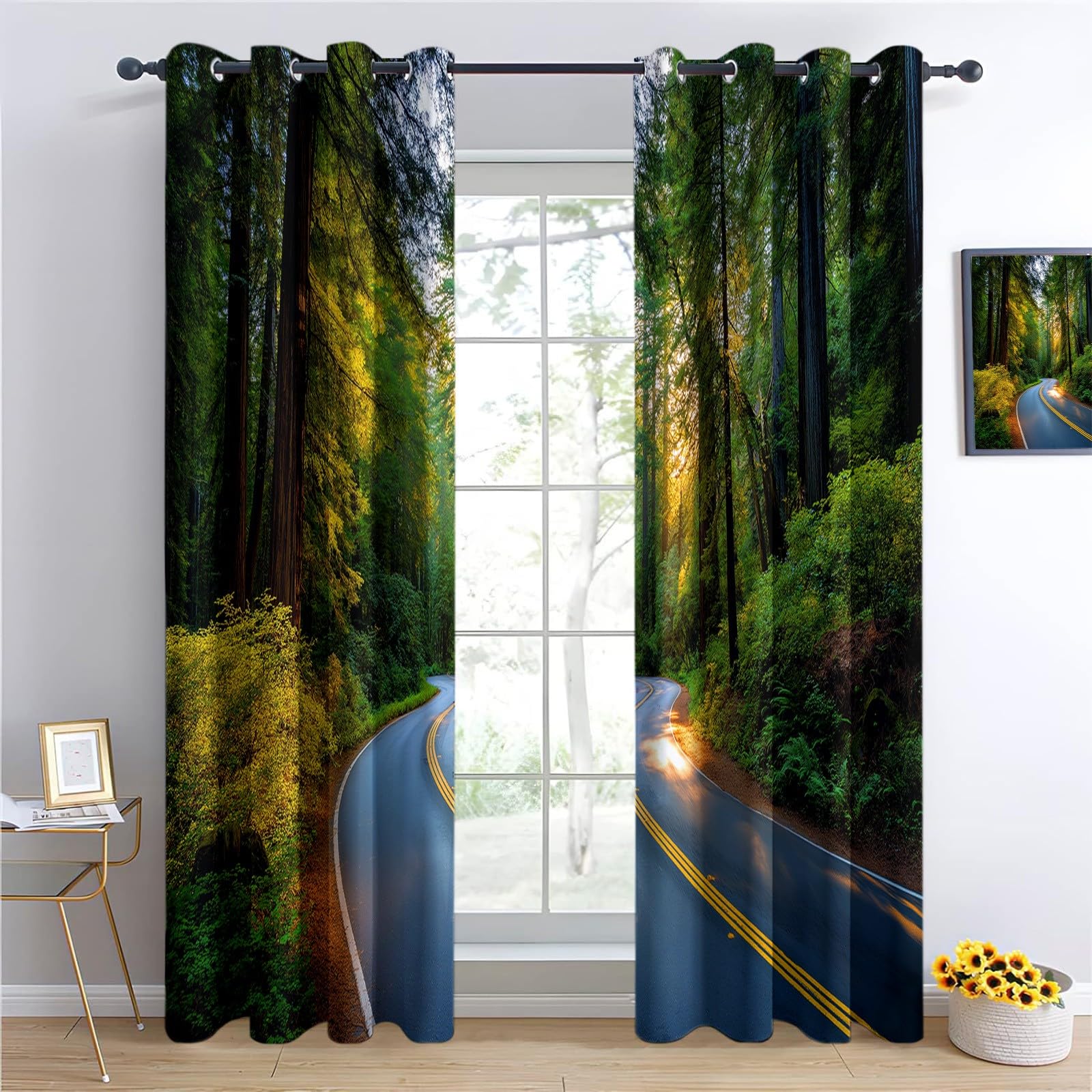 Verdunklungsvorhänge Wald Bäume Kinderzimmer Vorhänge Blickdicht, Dunkelgrün Thermovorhang mit Ösen, für Schlafzimmer Fenster & Balkon Landschaft Dschungel - 110 x 215 cm (2er Set)