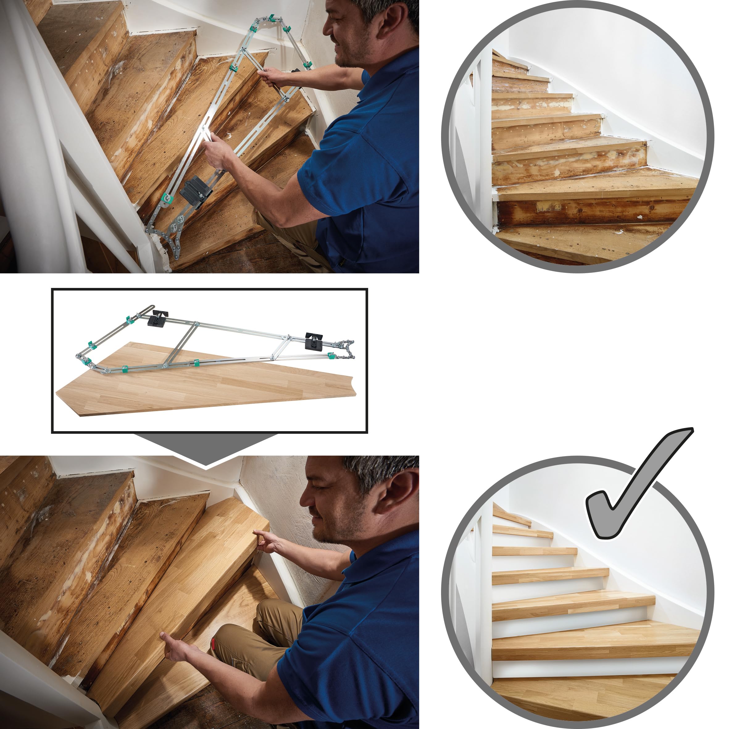 wolfcraft Treppenlehre – Winkelmesser & Schablone für Treppenbau | Treppenspinne & Winkelschmiege kombiniert – für Wendeltreppen, Dehnungsfugen & Materialzugaben – Metall, Made in EU - 5210000