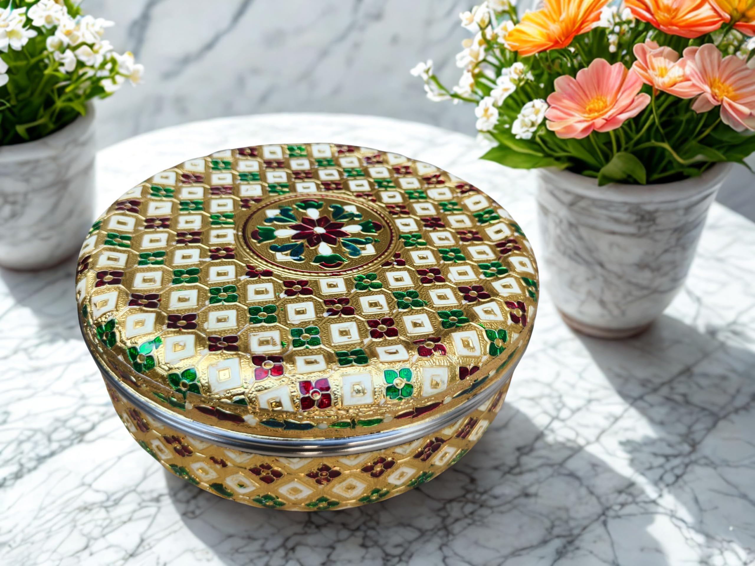 Stainless Steel Meenakari Container Round Dabba Chapati Box Golden Meenakari Best For Wedding Return Gift (7.5 x 7.5 x 2.7 Inch)-image-48