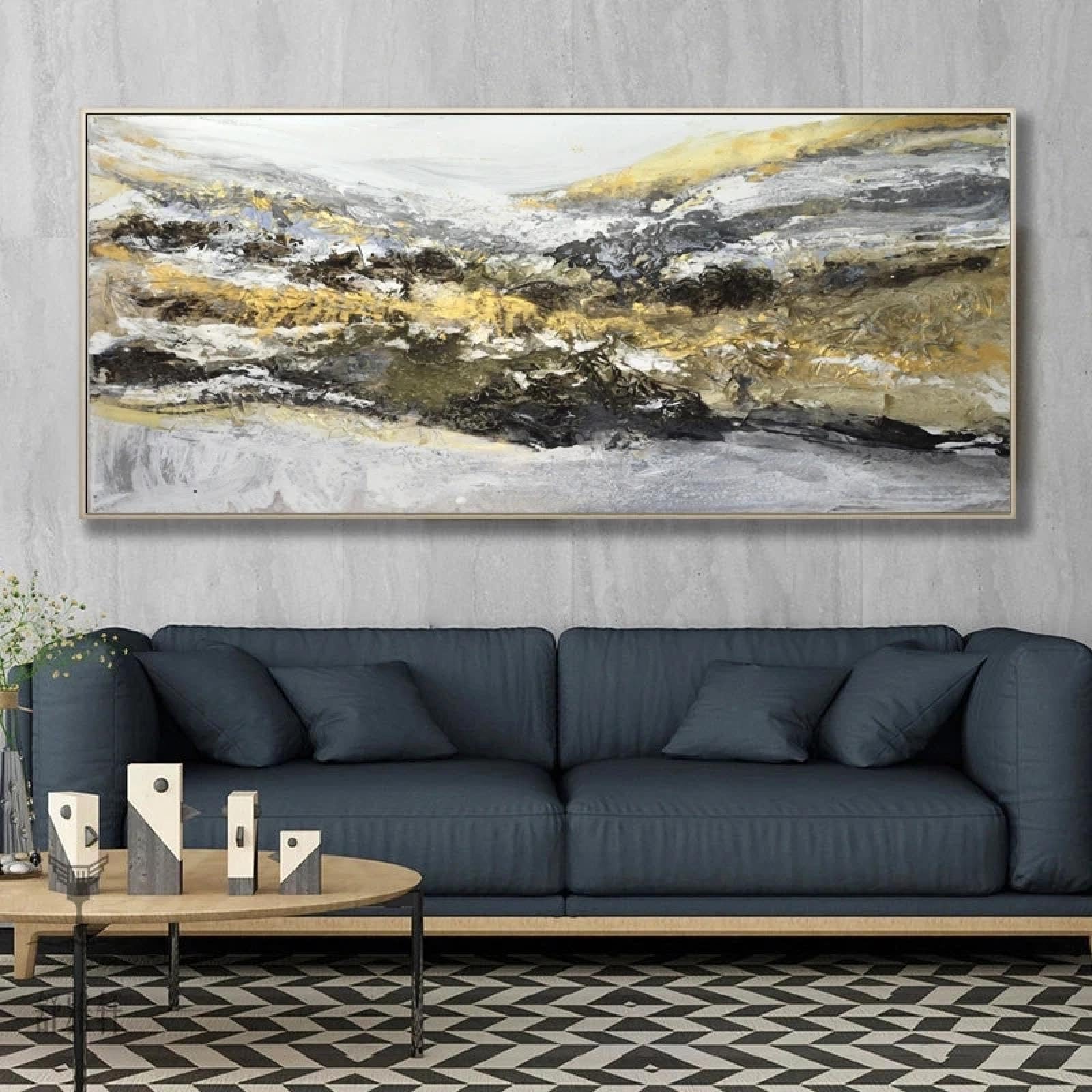 Tableau abstrait coloré 40x90cm pour habiller un mur vide avec cadre doré - 5