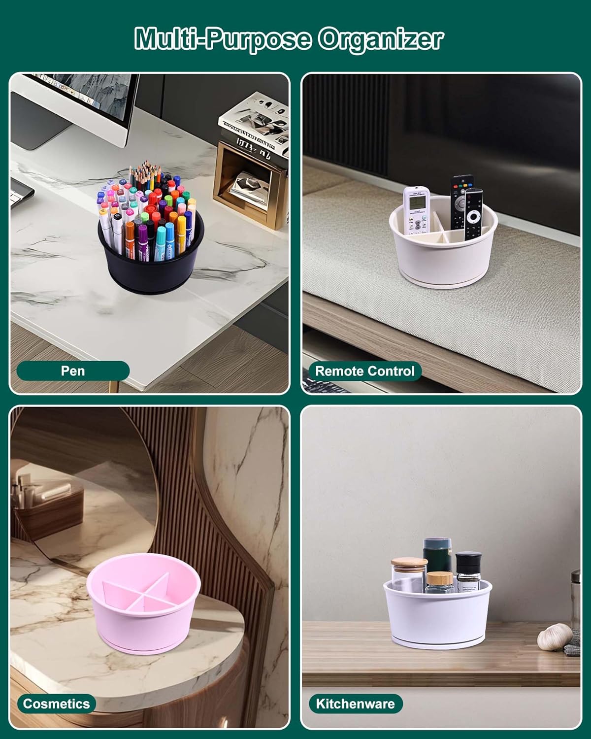 LYNG 360° Rotating Pen Holder for Desk, Small Desk Organizer With Adjustable Dividers, Non-Slip Base Pencil Holder for Office, Home, School Supplies Black