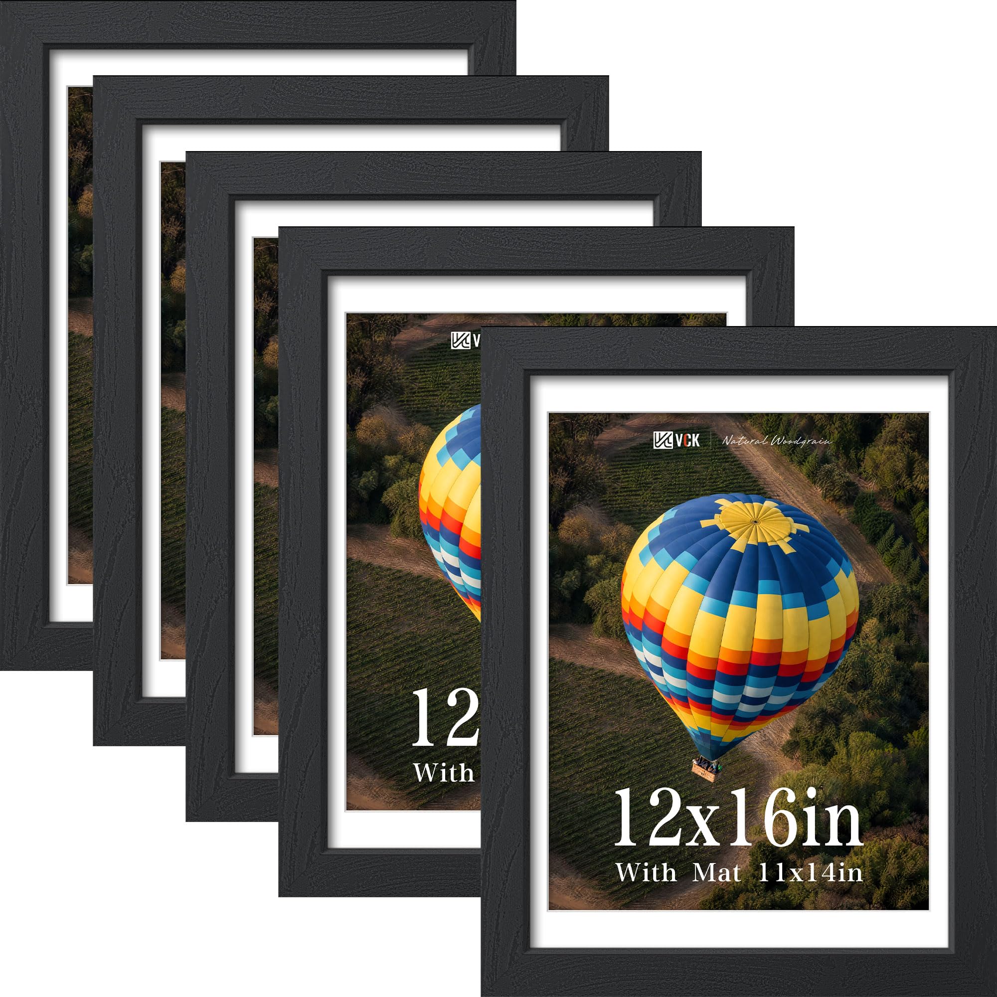 VCK 12x16 Picture Frame 5 Pack, Black Exclusive Wood, Real Glass, for Photo