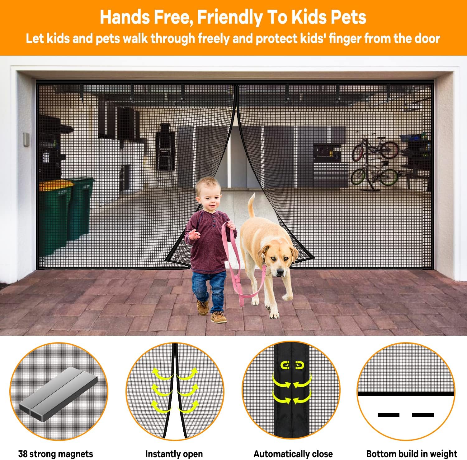 Garage Screen Doors for 2 Car - 16x7 ft Heavy Duty Self Sealing Magnetic Fiberglass Mesh with 6 Roll Up Starps