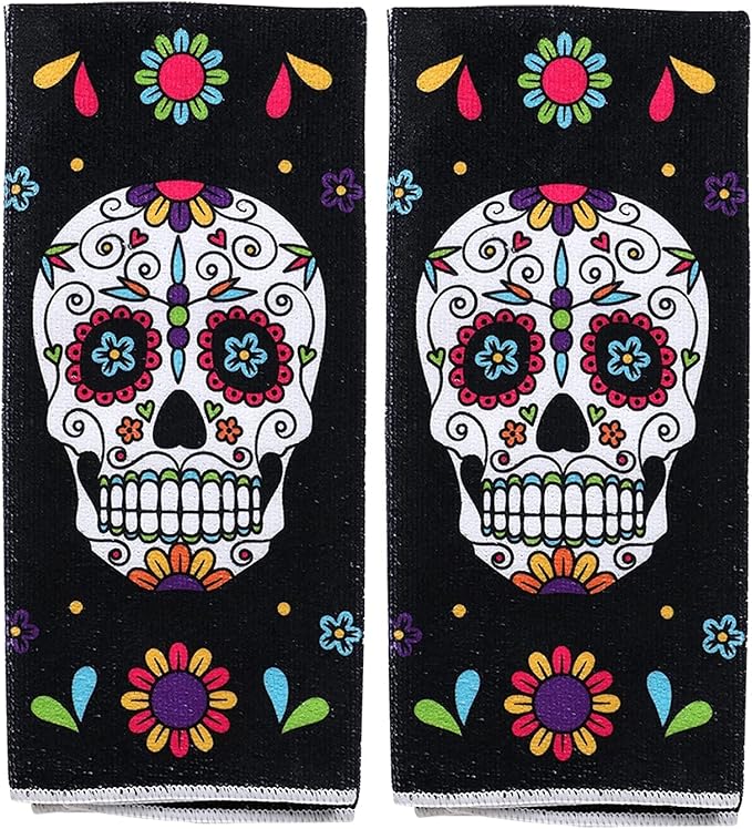 Saguaro Acres Day of The Dead Printed Hand Towels Set 2 Pack Decorate Your Kitchen Décor – Home Décor -Bath Towels Kitchen Linens (Sugar Skulls)