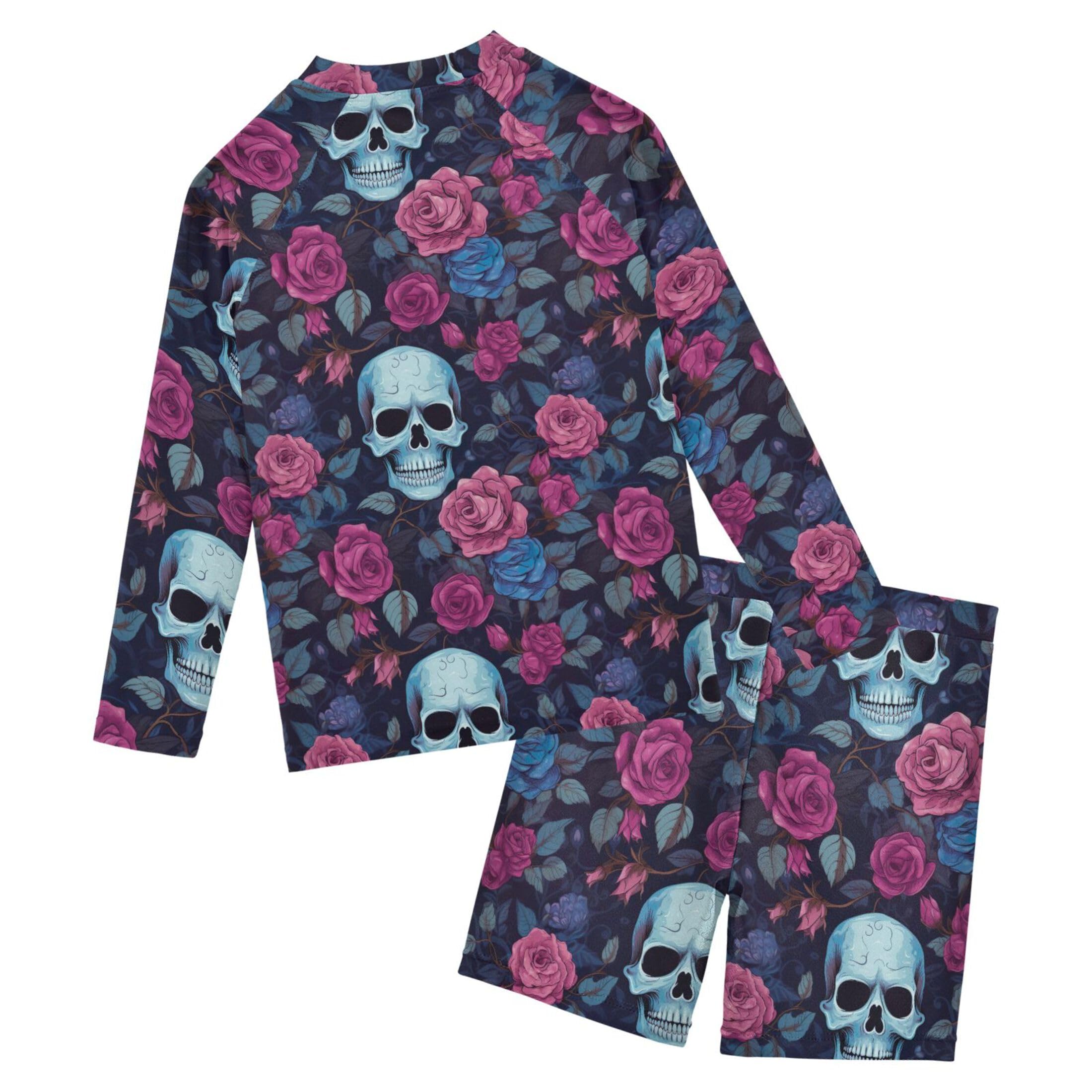 Sugar Skull Skeleton Flowers Toddler Boys' 2-Piece Swimsuit Trunk, Long Sleeve Rashguard Bathing Suit B0403002