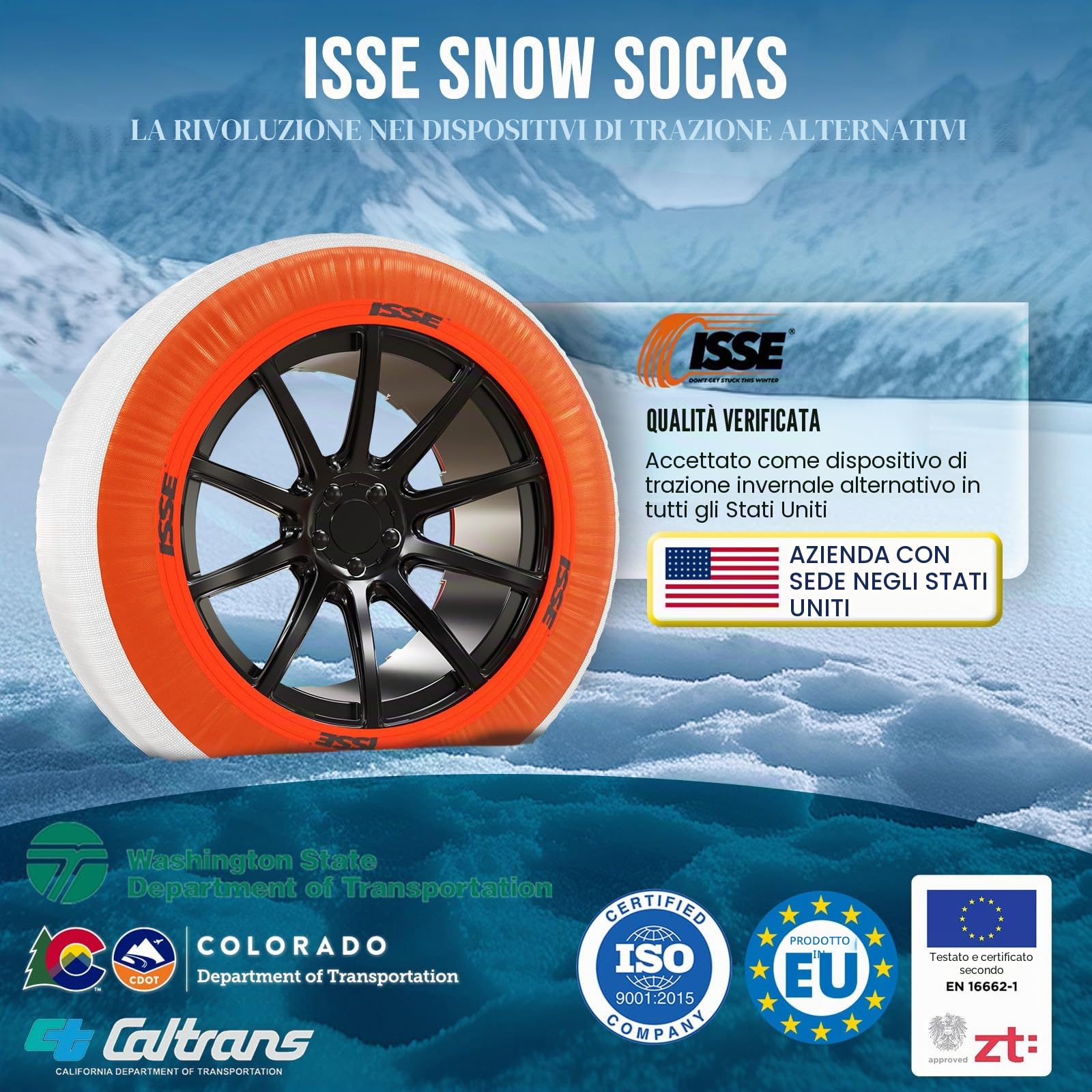ISSE Super T 70 - Calze da Neve Omologate Italia EN 16662-1 – Catene da Neve Tessili Facili da Installare - Resistenti - Kit con 2 Calze da Neve e Guanti