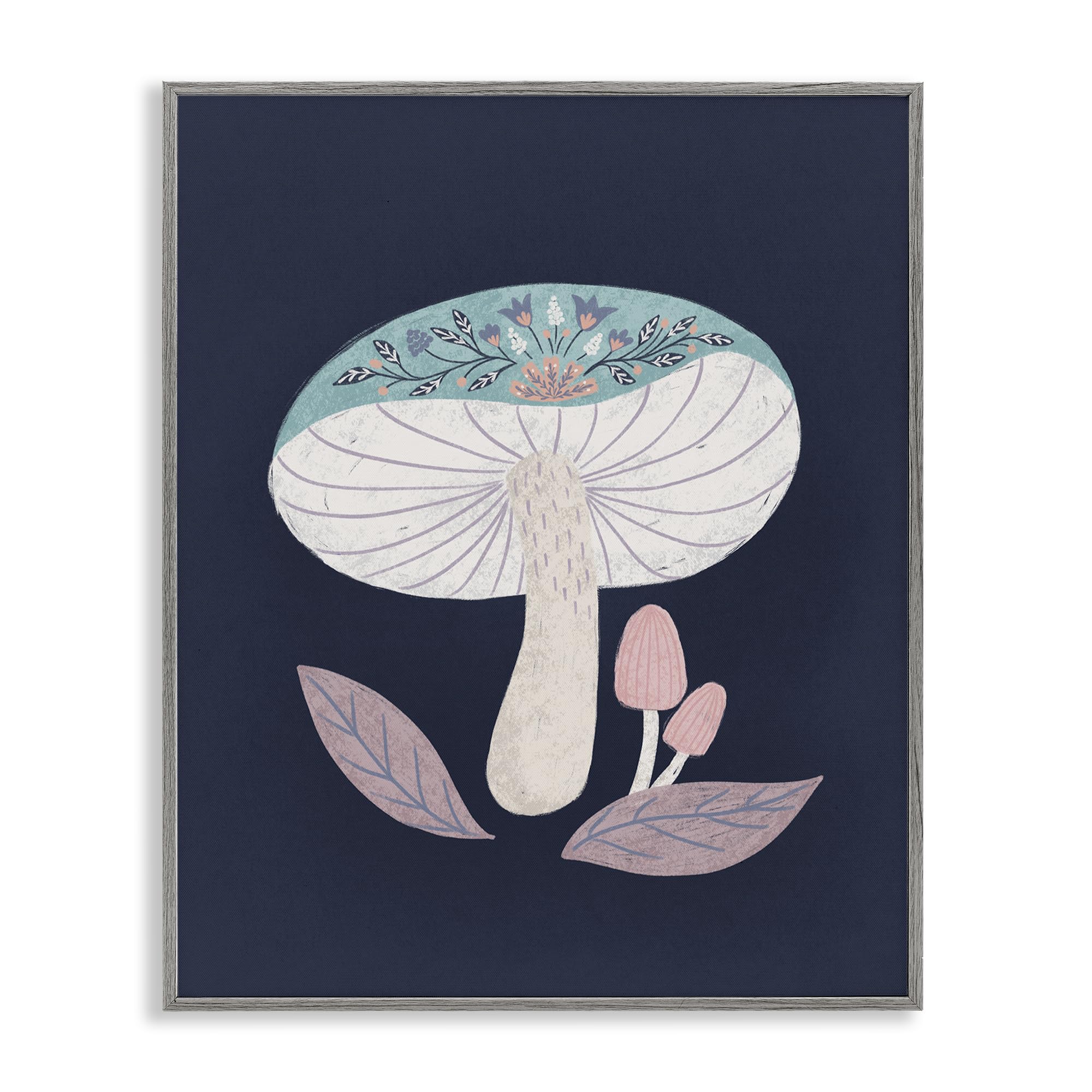 Stupell Industries Farmhouse Gray (Textured) Floral Cottage Mushroom Whimsical, 16 X 20 Inch Framed Giclée Print
