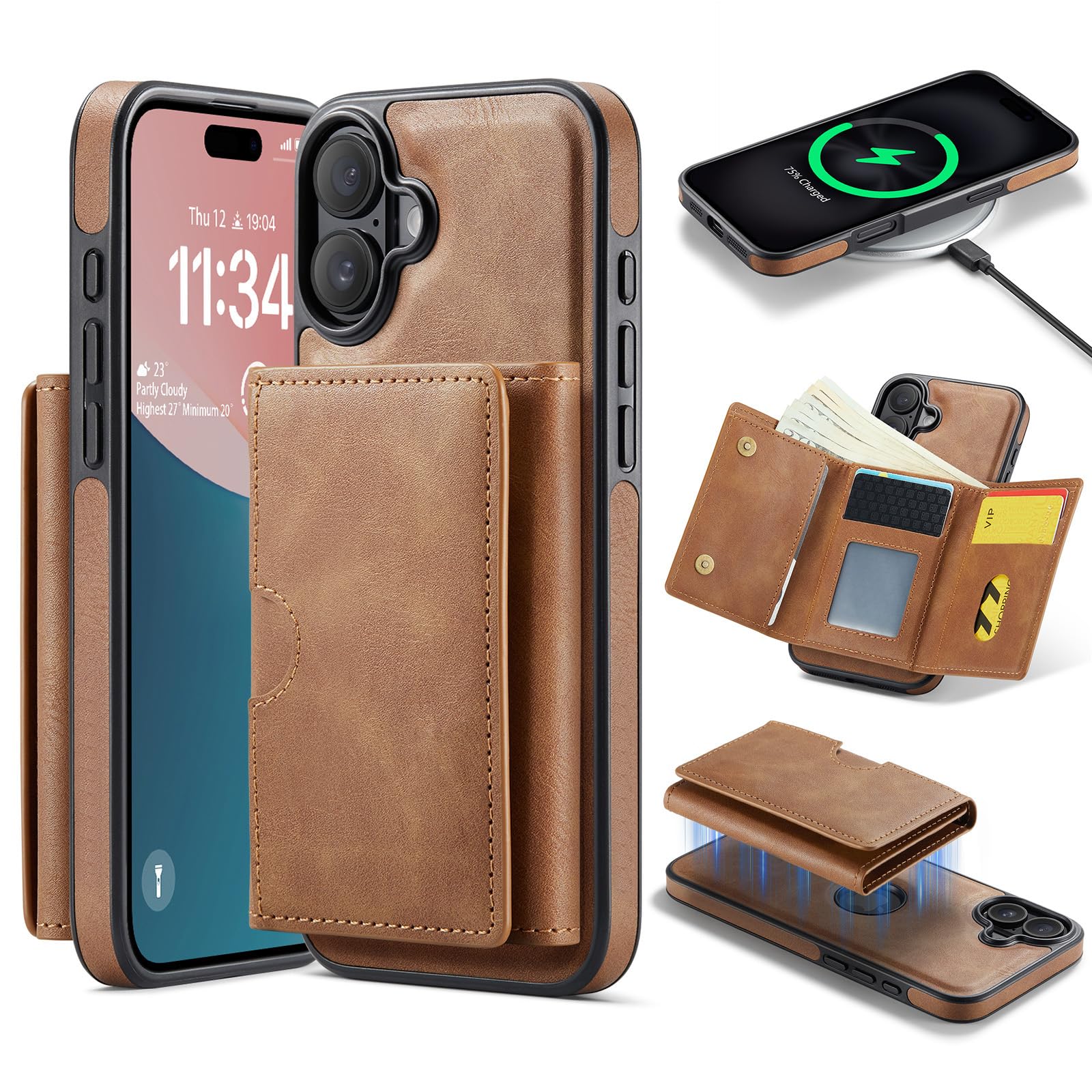 Asuwish Funda de teléfono para iPhone 16 de 6.1 pulgadas, funda magnética desmontable con carga inalámbrica y bloqueo RFID, soporte para tarjetas de crédito, soporte abatible para teléfono 16 i16 16