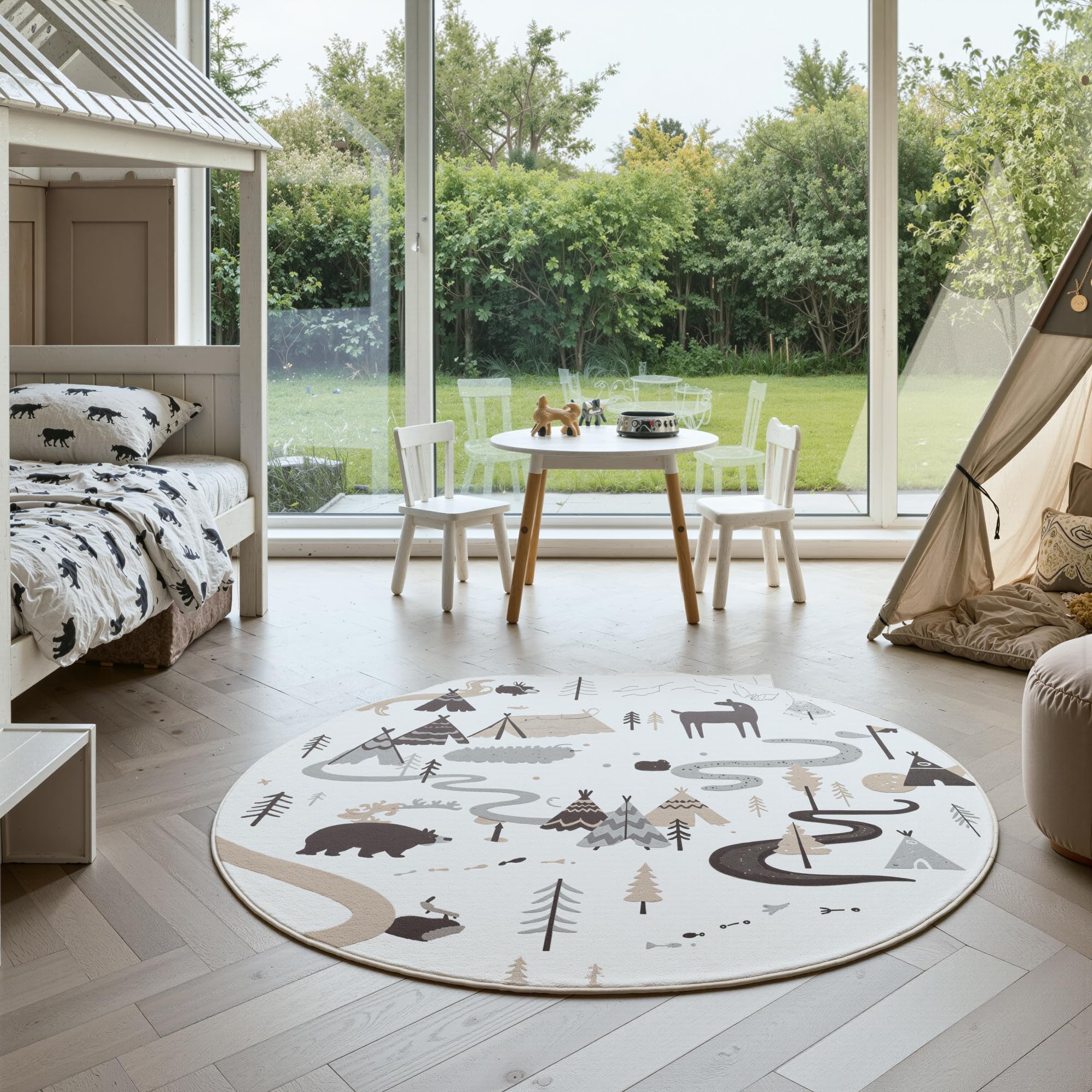 HomebyHome Tapis Enfant Forêt Animaux Tapis de Jeu Rond 160 cm pour Chambre d Enfant en Crème avec Motif Nature Ideal comme Surface de Jeu
