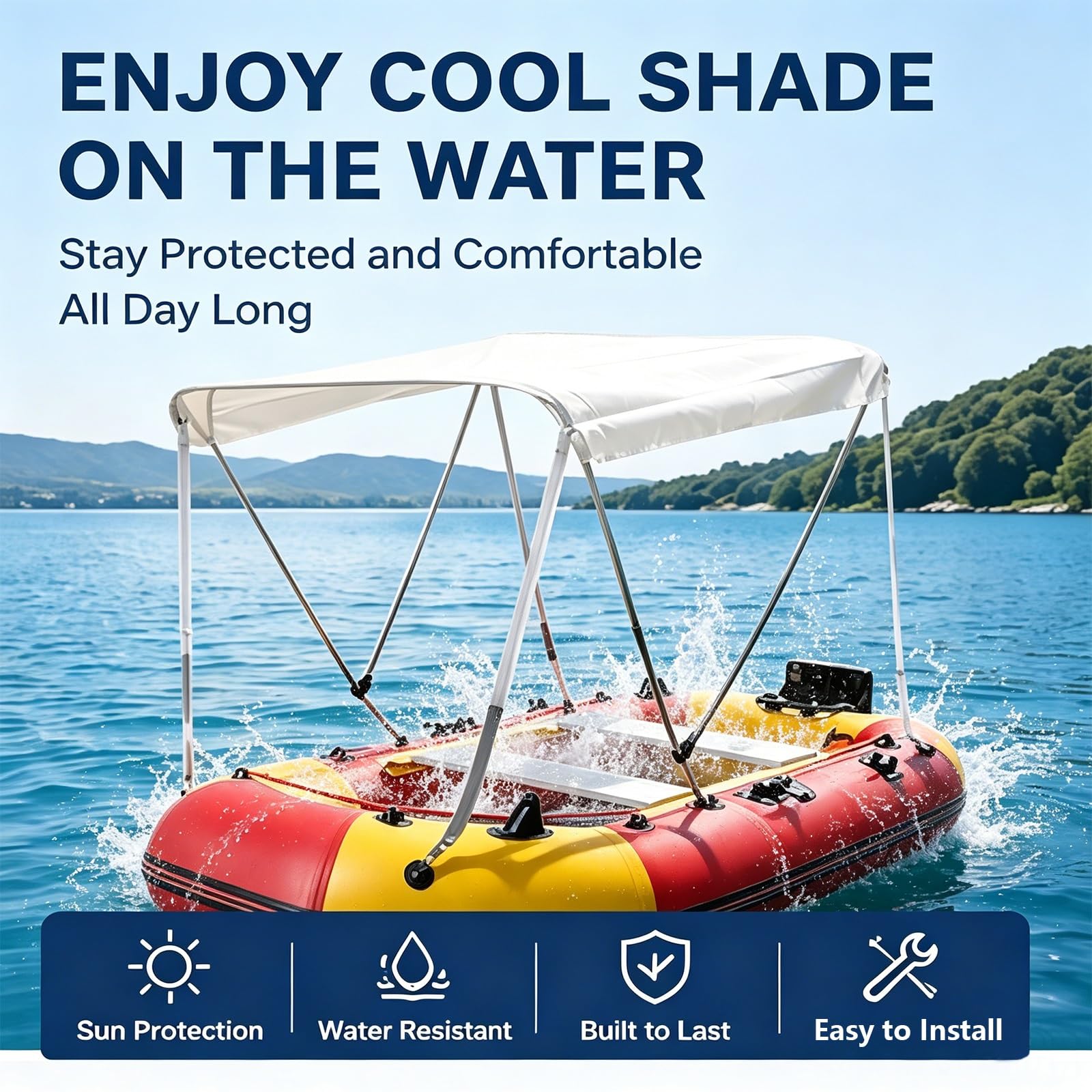 Tendalino per Gommoni 2 Archi, Tessuto Oxford 600D Idrorepellente, Telaio in Alluminio Pieghevole, Parasole per Tender e Barche da Pesca, Bianco