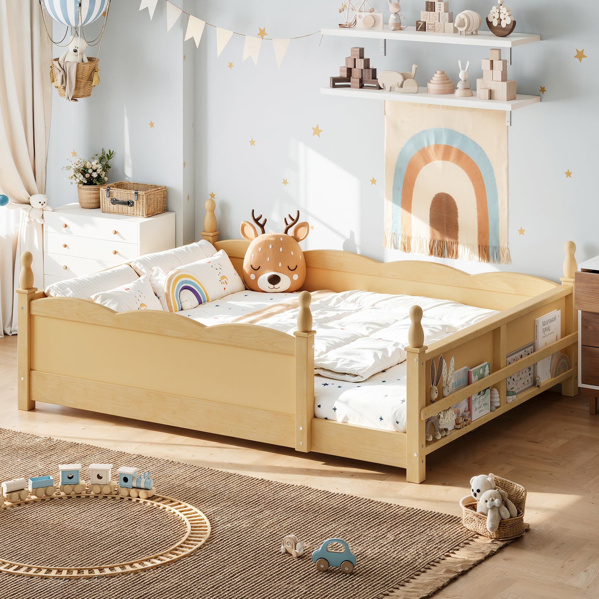 Bellemave Full Size Montessori Floor Bed Frame with High Fence, Solid Wood Kids Floor Bed with Bookshelf, Low Profile Bed for Boys &amp; Girls, Childlike Design,Natural