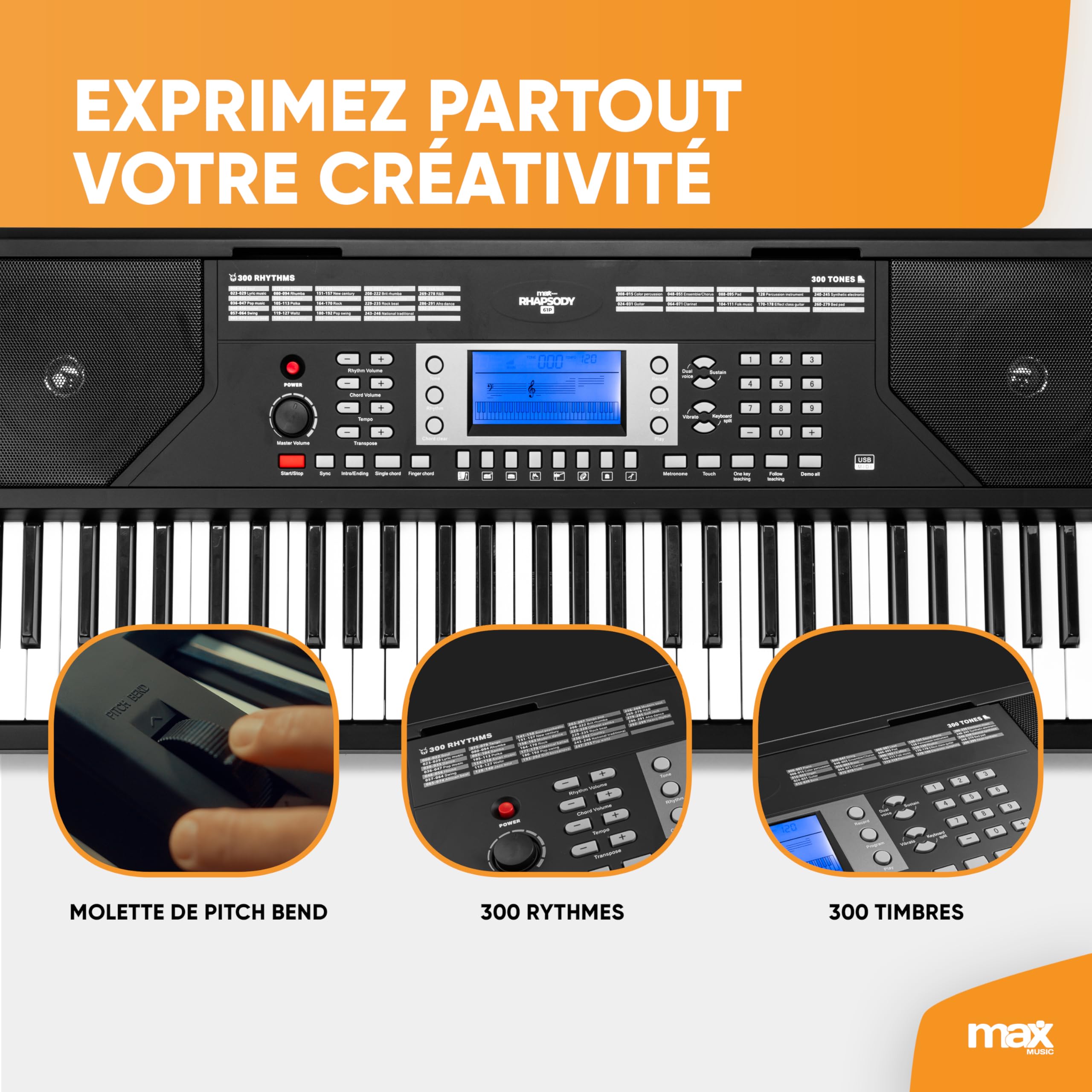 Max Rhapsody61P Clavier Électronique, 61 Touches Sensibles à la Vélocité, Pack complet, Connexion MIDI et Pédale de Sustain, Deux Haut-parleurs Intégrés, Molette de Pitch Bend