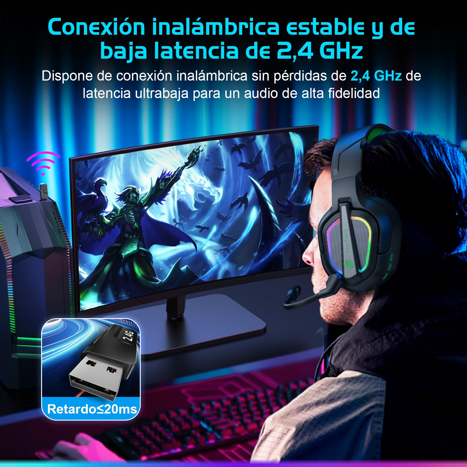 Fachixy「2025 Nuevo」FC200 Cascos Gaming Inalámbricos para PC, PS5, PS4, Auriculares Gaming Inalámbricos de 2,4GHz Wireless+Bluetooth - Baja Latencia, Duración 40Hr+, Luces RGB (Verde-Negro)