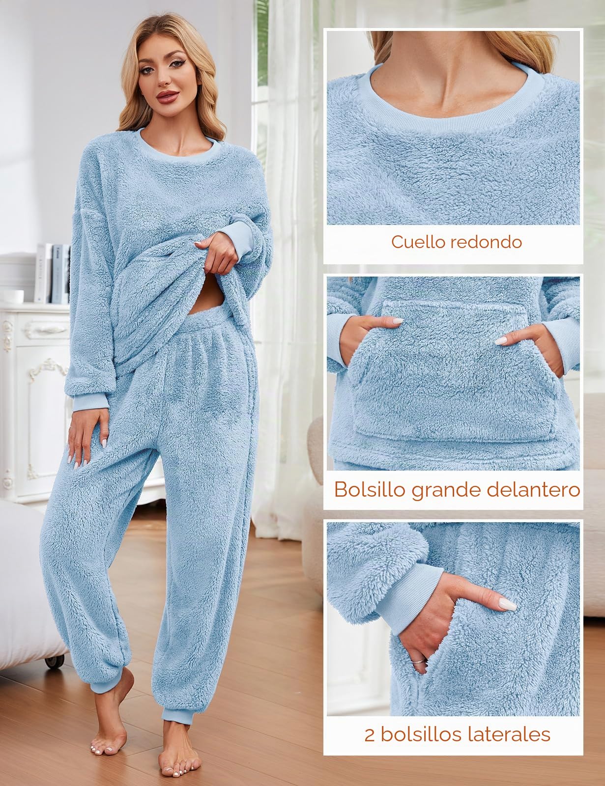 Niwicee Pijama Mujer Invierno Conjunto de Pijama Forro Polar Super Suave Ropa de Dormir 2 Piezas Damas Ropa de Noche Manga Larga cálida y Pantalones Largos con Bolsillo S-XXL