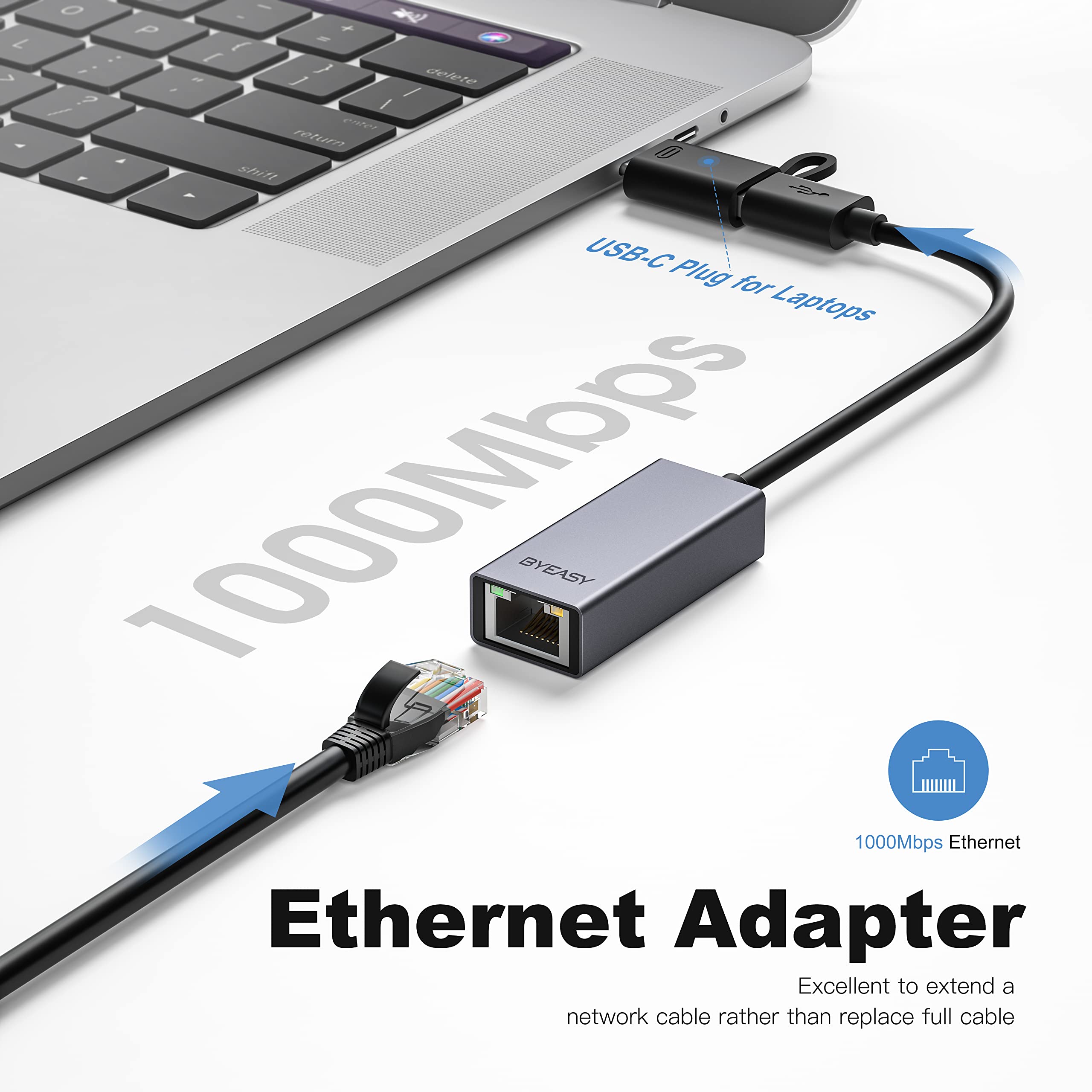 BYEASY Adapter USB do Ethernet, adapter USB C do Ethernet RJ45, karta sieciowa Gigabit LAN obsługująca 10/100/1000 Mb/s dla MacBooka Pro/Air, iPada Pro, iMaca, XPS, Surface Pro, notebooka