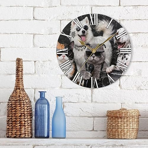 Miniatura 7 de KLL Vintage Street Art Gatos y Perros Fresco 10 pulgadas de pared redonda Reloj de cocina sin tictac creativo para baño, aula, oficina, reloj para