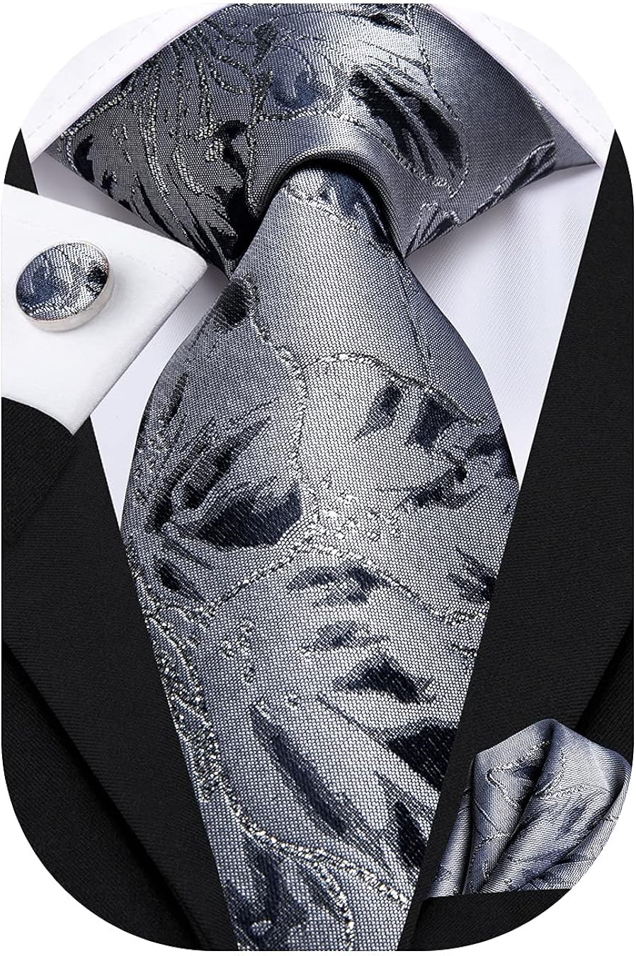 Hi-Tie Black Grey Silk Necktie Paisley Mens Tie Pocket Square Cufflinks Set Business Formal : Clothing, Shoes & Jewelry