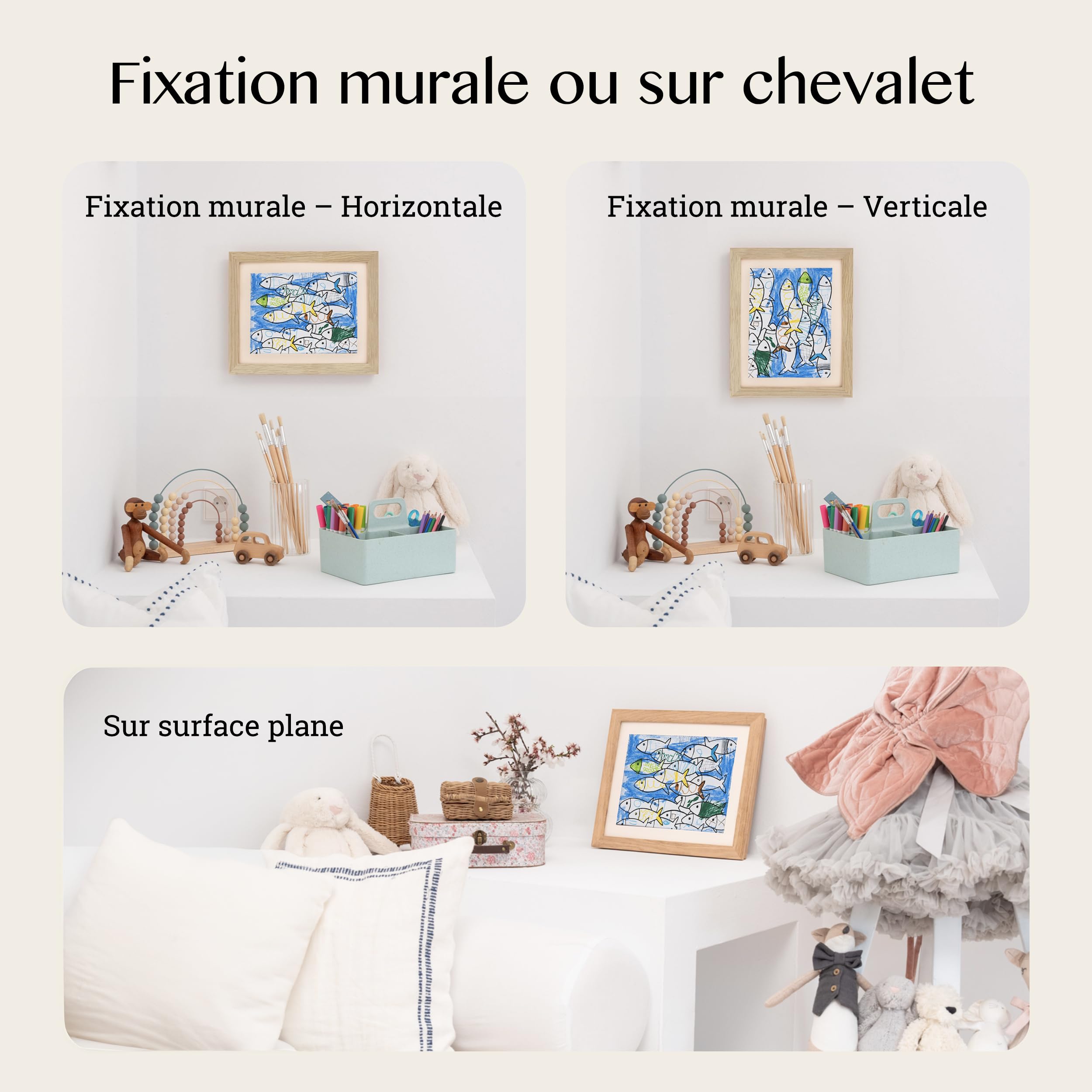 Lot de 2 cadres photo A4 pour enfants - Design naturel, support intégré, clips, fermetures magnétiques et bandes élastiques pour ranger les dessins - Chêne naturel