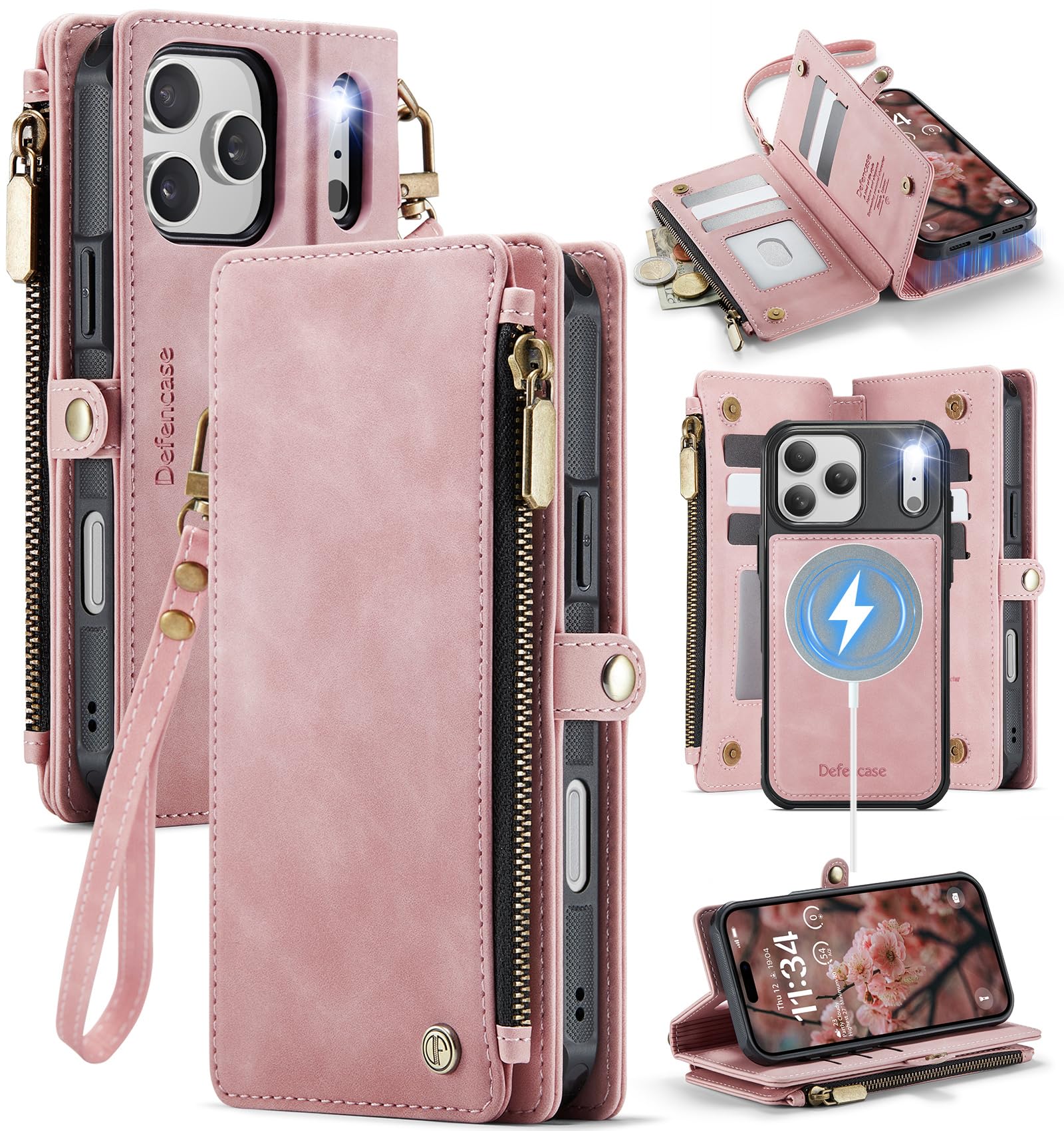 Defencase for iPhone 17 Pro Max Magnetic Wallet Case Compatible with Magsafe with RFID Blocking Zipper & Card Holder for Women PU Leather Strap Detachable Case for iPhone 17 Pro Max 6.9", Rose Pink
