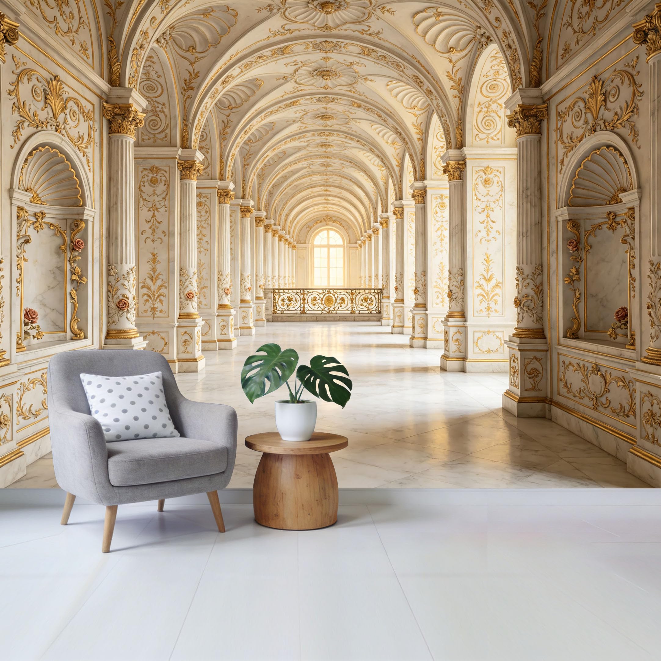 Removable Self Adhesive Fabric Mural， Luxury Neoclassical Gold Palace Hallway Custom Size Wall Covering， UV Protected Waterproof Washable Wall Decor for Living Room Bedroom Bathroom