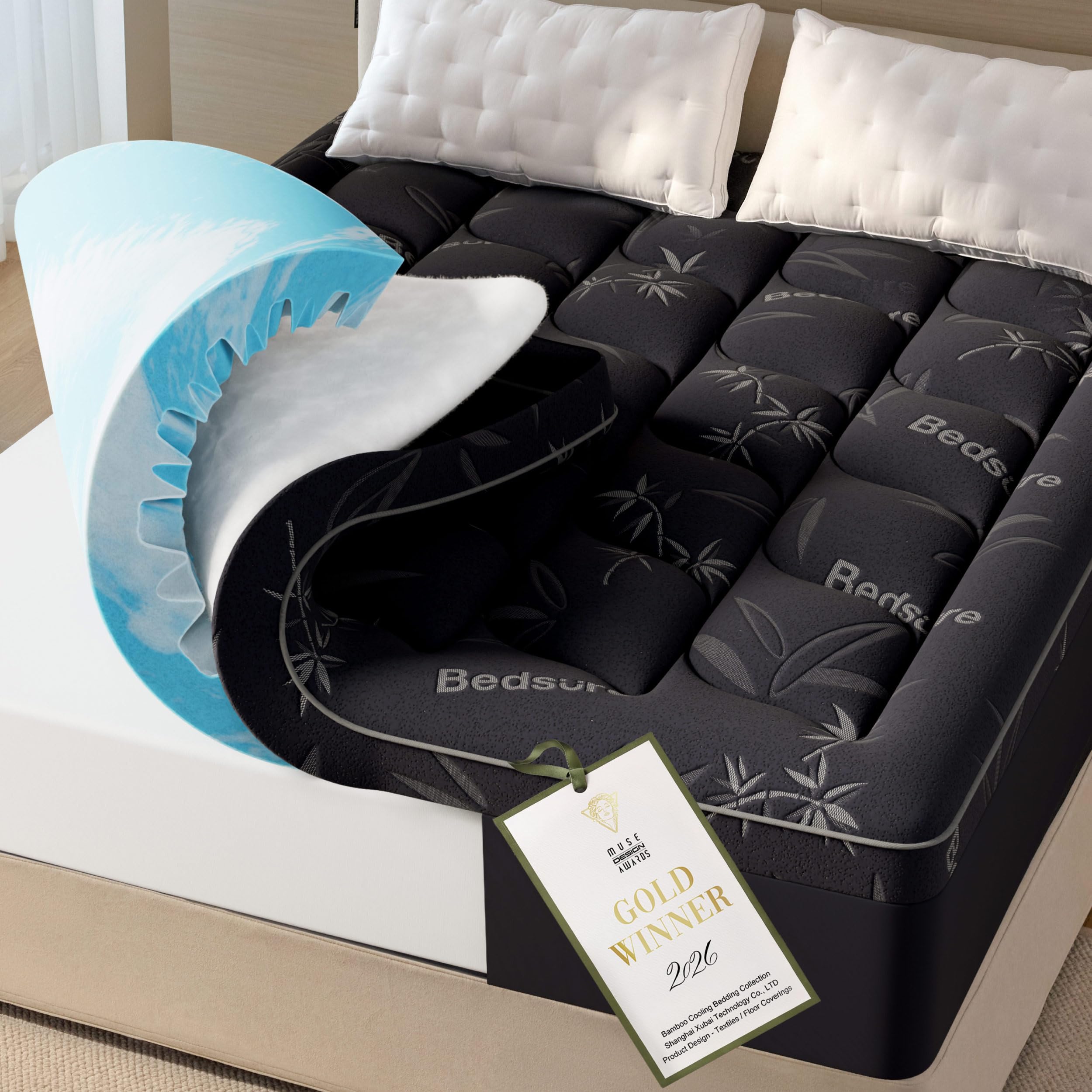 Photo 1 of Bedsure Dual-Layer 5 Inch Memory Foam Mattress Topper King, 3 Inch Memory Foam + 2 Inch Viscose Made from Bamboo Mattress Topper Pad Cover, Breathable & Pressure Relief, Black
