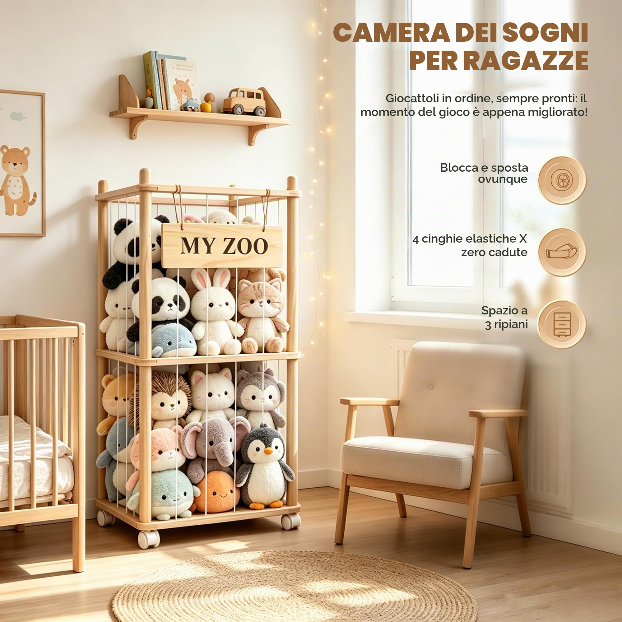 Contenitore per Peluche in Legno, Salvaspazio, con Ruote Dotate di Freno a 360°, per Sala Giochi e Camera da Letto, Decorazione per La Casa