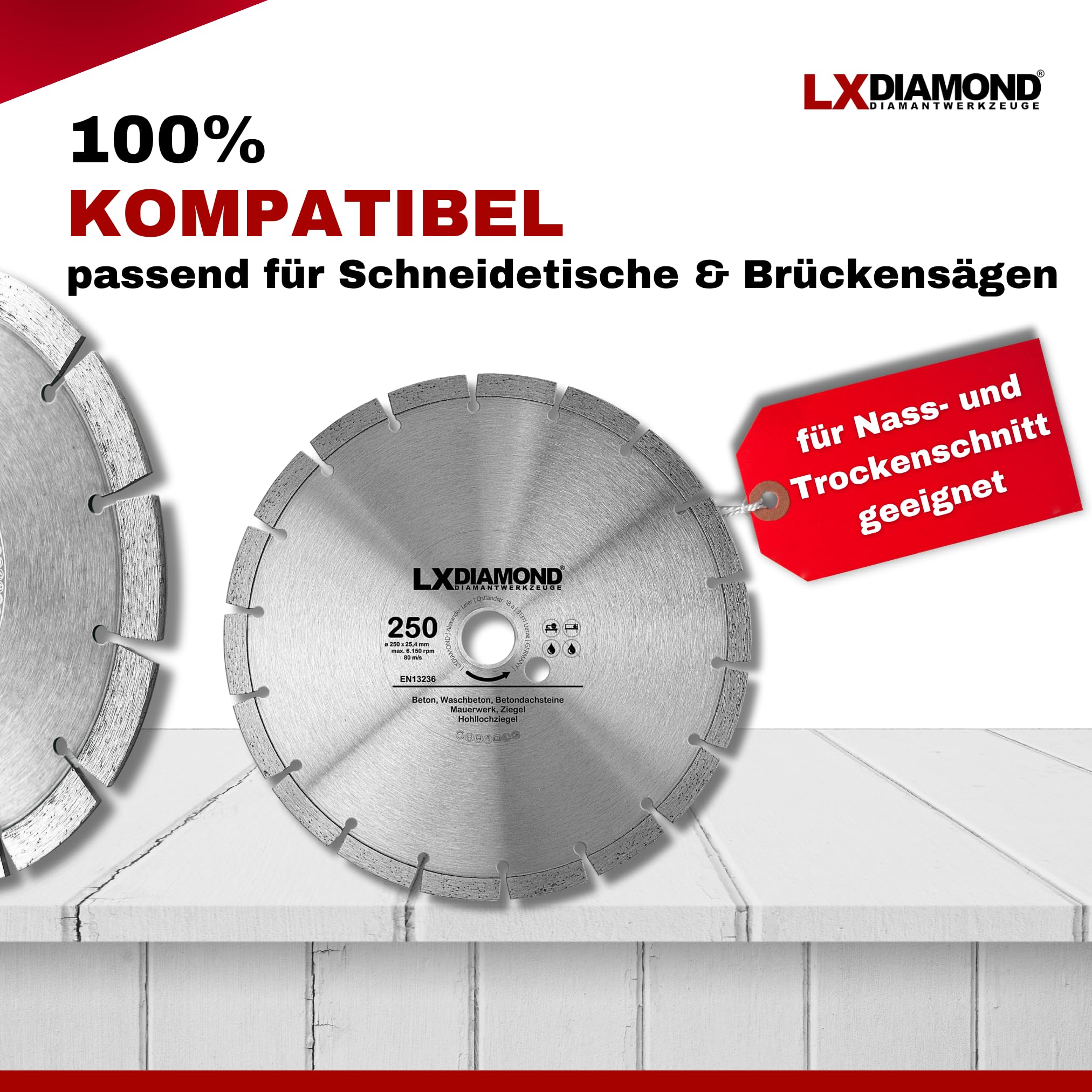 Diamant-Trennscheibe 250mm x 25,4mm - für Schneidetische, Brückensägen - Diamantscheibe zum Trennen von Stein, Beton, Ziegel, Mauerwerk - 250 mm Steinscheibe in Profi Qualität