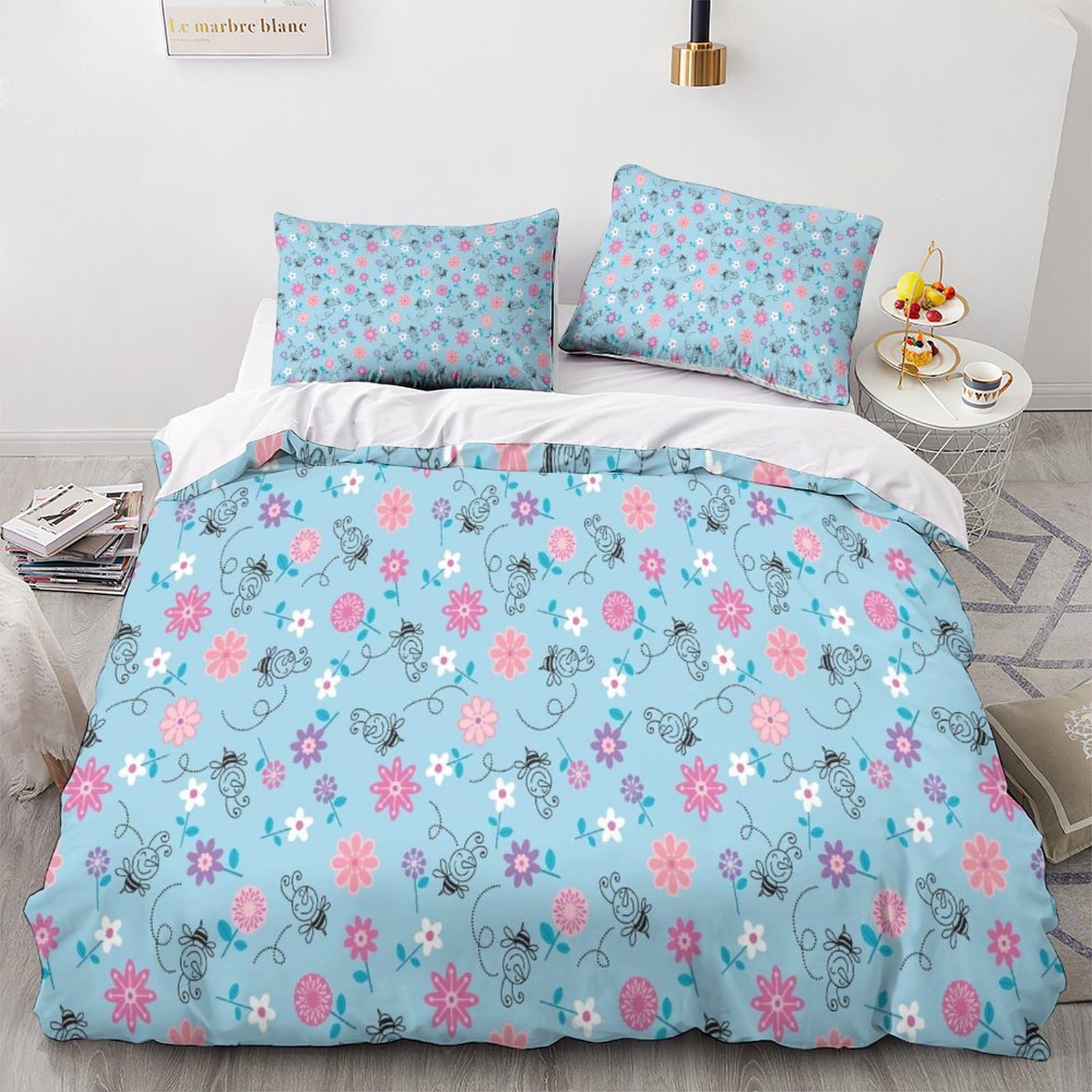 Housse de couette abeille 3D fleurie pour parure de lit King 220x240 cm style cottage printanier