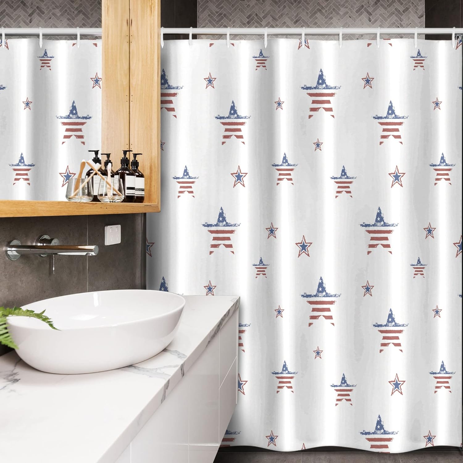 Ambesonne 4th of July Stall Shower Curtain, Scattered Stars with American Flag Motifs Independence Day Theme, Fabric Bathroom Decor Set with Hooks, 54" W x 78" L, Ruby Navy Blue White