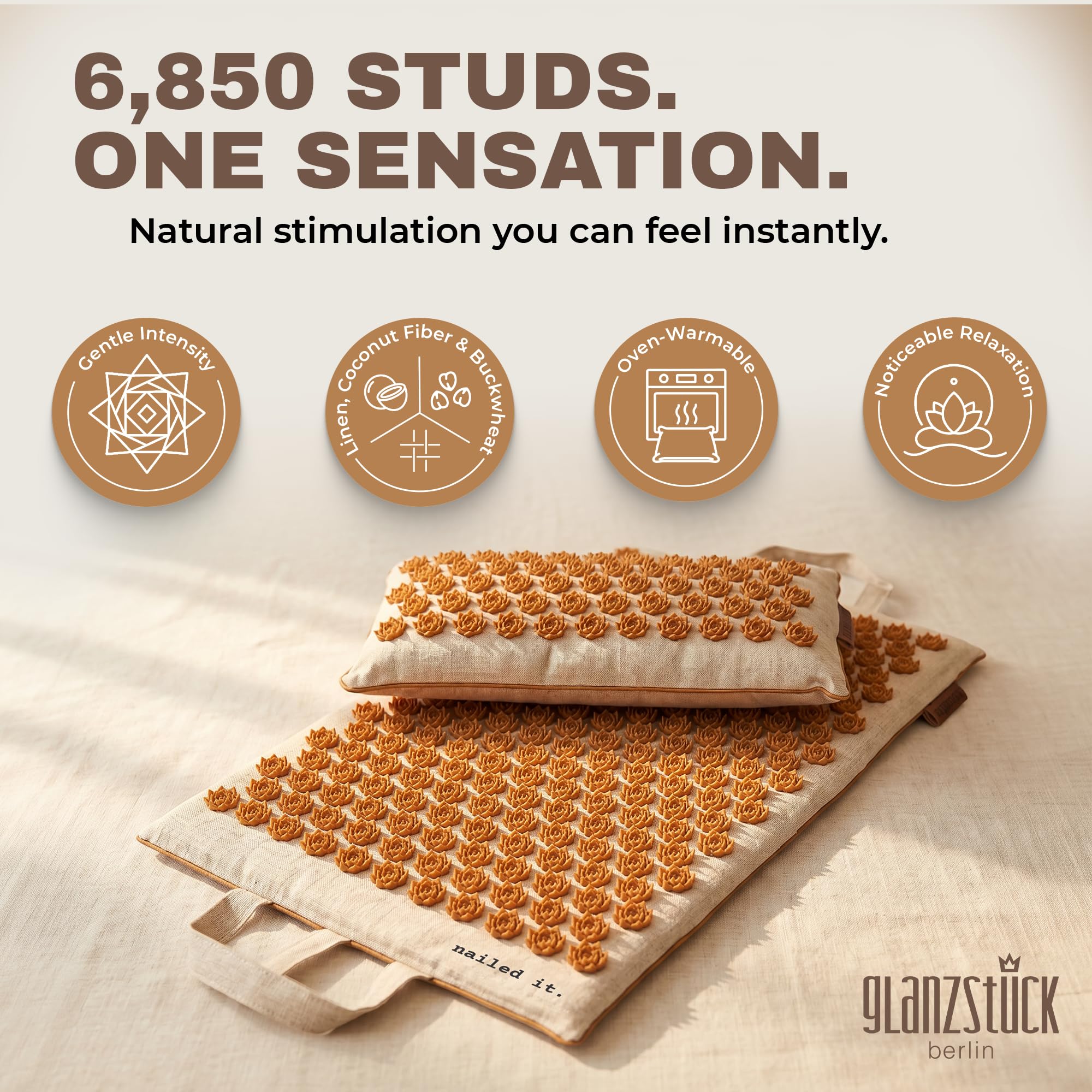 Glanzstück Berlin® Esterilla de acupresión XL Premium de lino, perfecta para principiantes, ayuda con la tensión, dolor de espalda, esterilla de masaje con cojín y bolsa, sostenible