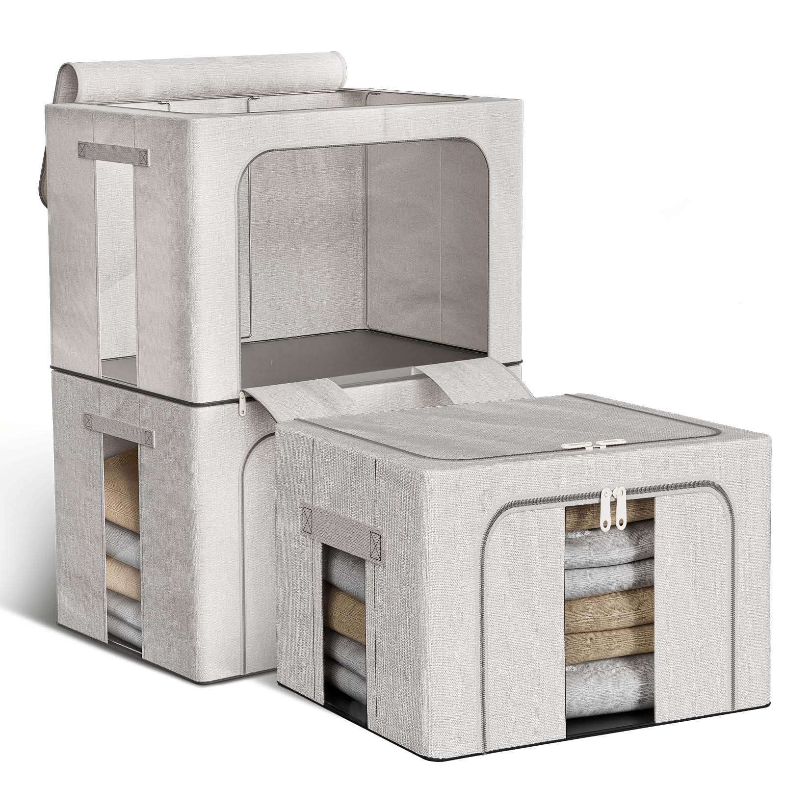 3 Pezzi 66L Scatole Per Armadio Rigide Con Struttura In Metallo, Pieghevole Contenitori Per Armadio Salvaspazio Con Cerniera, Organizer Armadio Per Asciugamani, Piumini, Coperte Grigio 3x66L