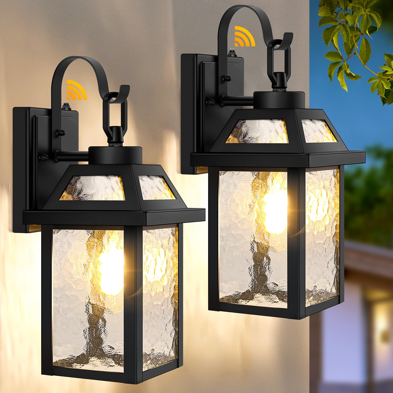 BesLowe Dusk to Dawn Outdoor Wall Lights, Exterior Lighting Fixtures Wall Mount, Porch Lights Outdoor Wall Sconces with Water Ripple Glass, Outside Lights for House Front Door Garage, 2-Pack