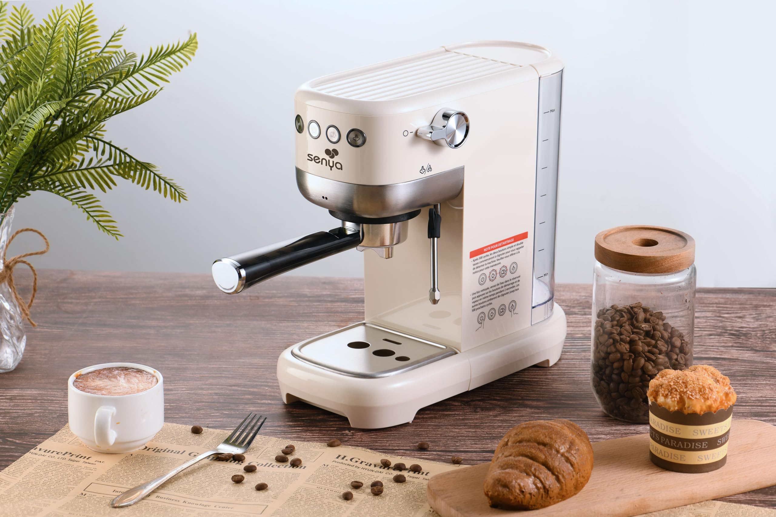 Senya Tasty Coffee Machine expresso 20 bars – Cafetière expresso manuelle 1350W avec mousseur de lait, technologie thermoblock, 1 ou 2 tasses, cappuccino & latte – Réservoir 1,1 L