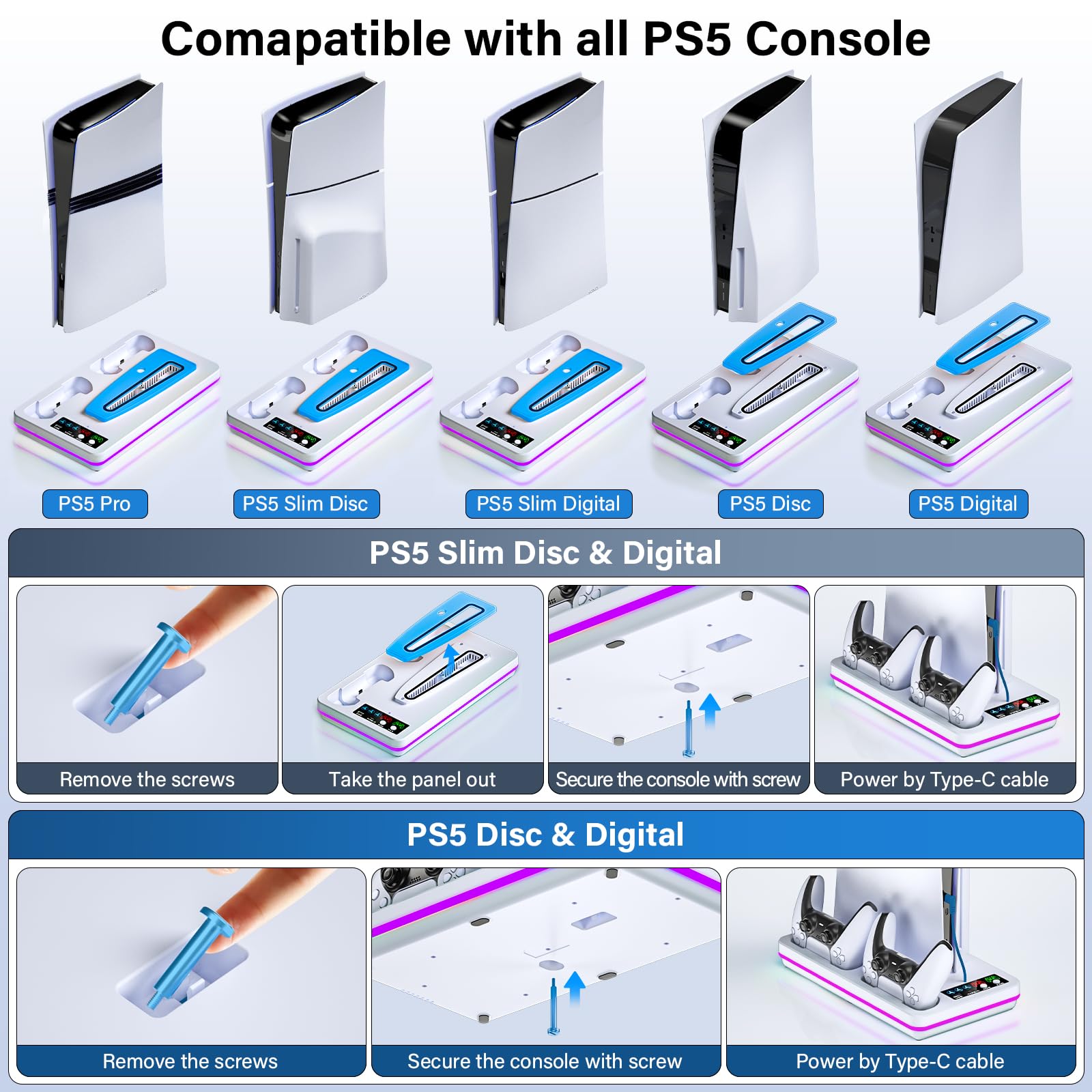 Fegliea Supporto sottile per PS5/PS5 con stazione di raffreddamento, supporto di raffreddamento PS5 con stazione di ricarica a doppio controller per PlayStation 5 Disc e console digitale, accessorio