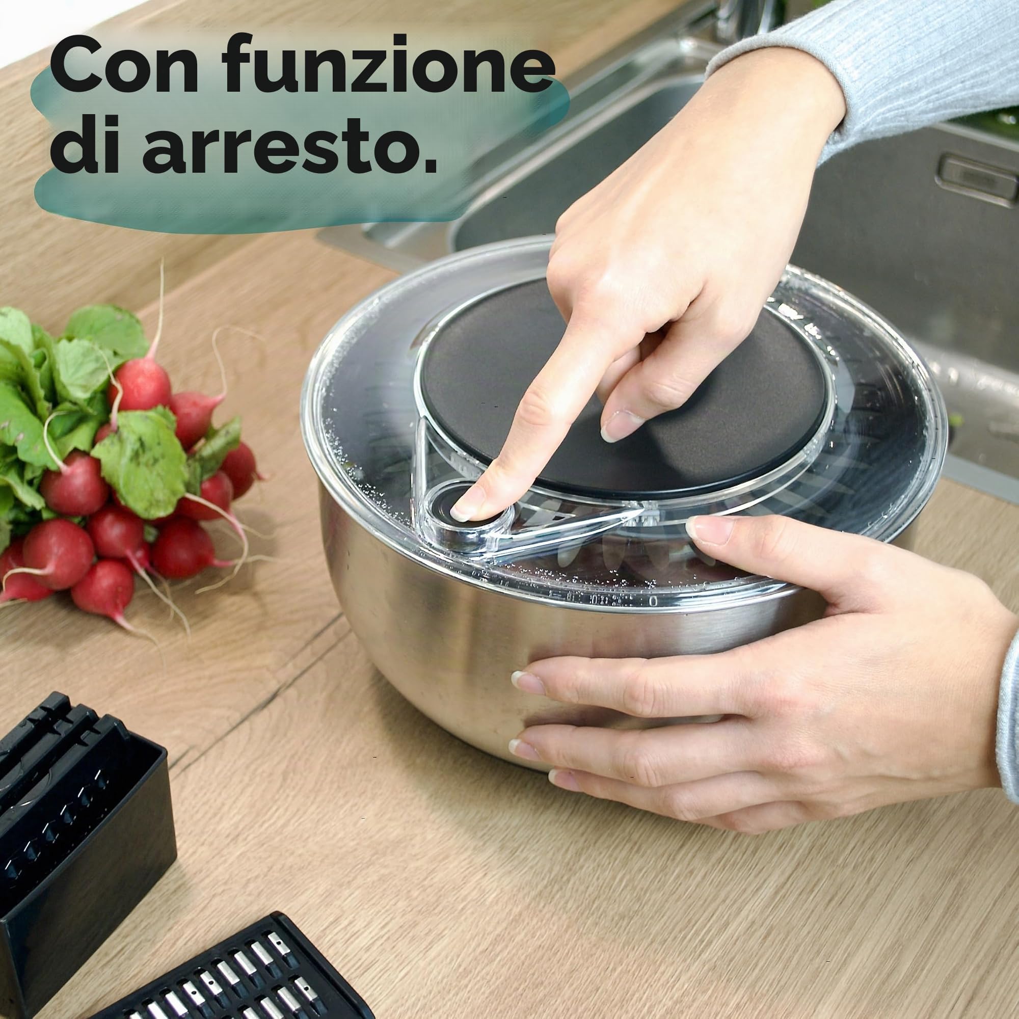 Cookery Centrifuga per insalata in acciaio INOX (4,5 l) + affettaverdure con 5 lame | semplice centrifuga per insalata grazie al fondo antiscivolo e al manovellino