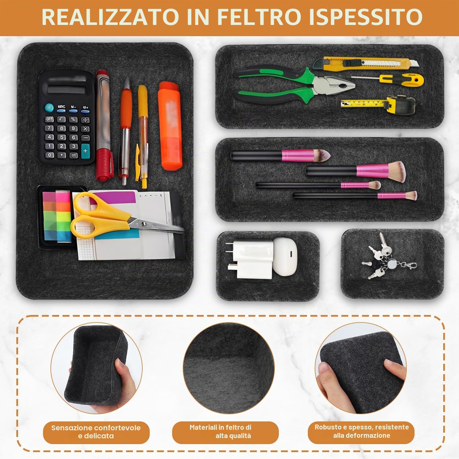 10 Pezzi Organizer Cassetti Scrivania, Organizer per Cassetti Impilabili in Feltro Ecologico, per Scrivania Ufficio Cucina Bagno Trucco Armadio(Grigio Scuro)