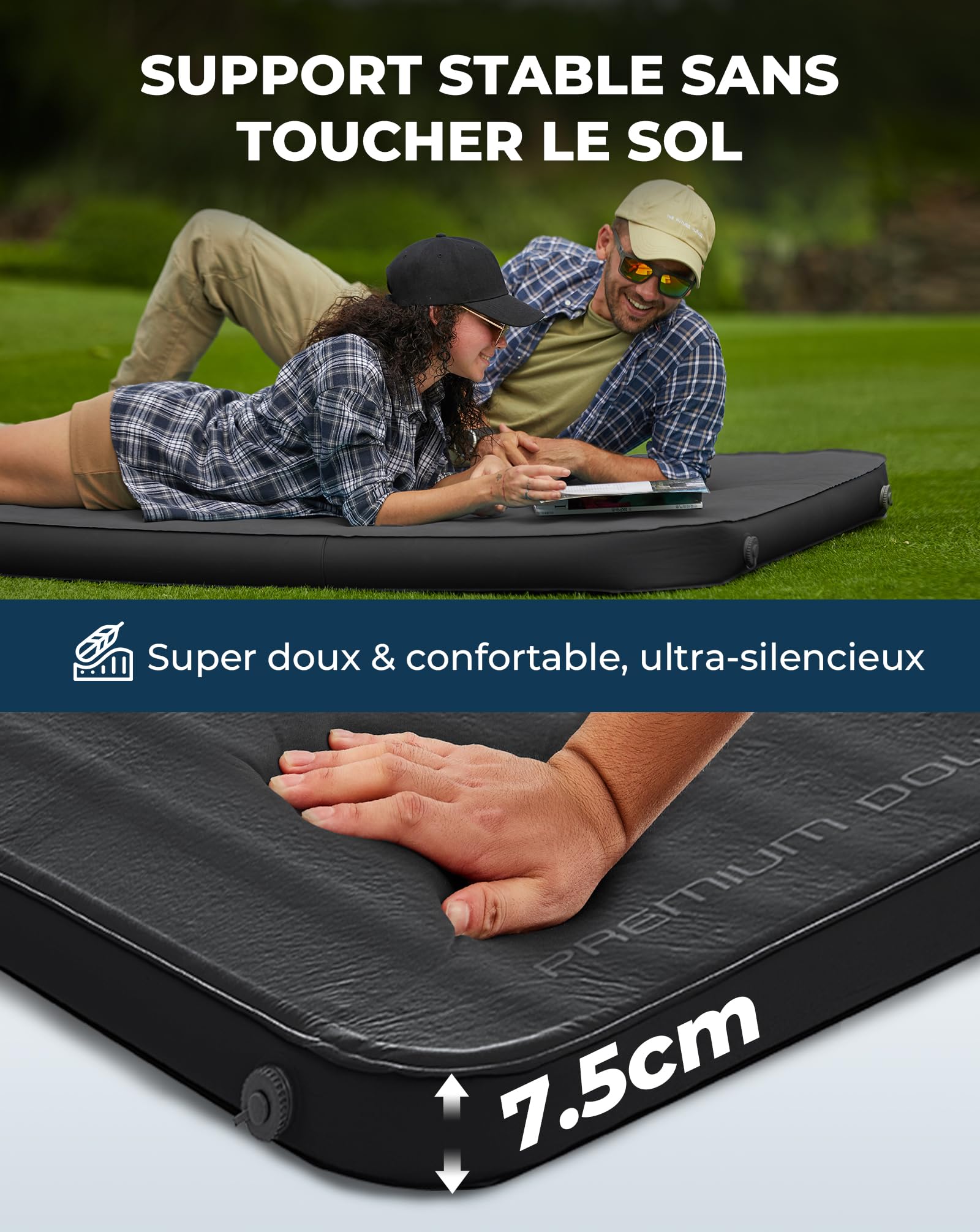 KingCamp Matelas de Camping Auto-gonflant - Matelas Gonflable en Mousse - Double (200,9 x 127,8 x 7,6 cm) - Portable - Grand Matelas épais et Chaud pour Camping, randonnée, Voyage, intérieur