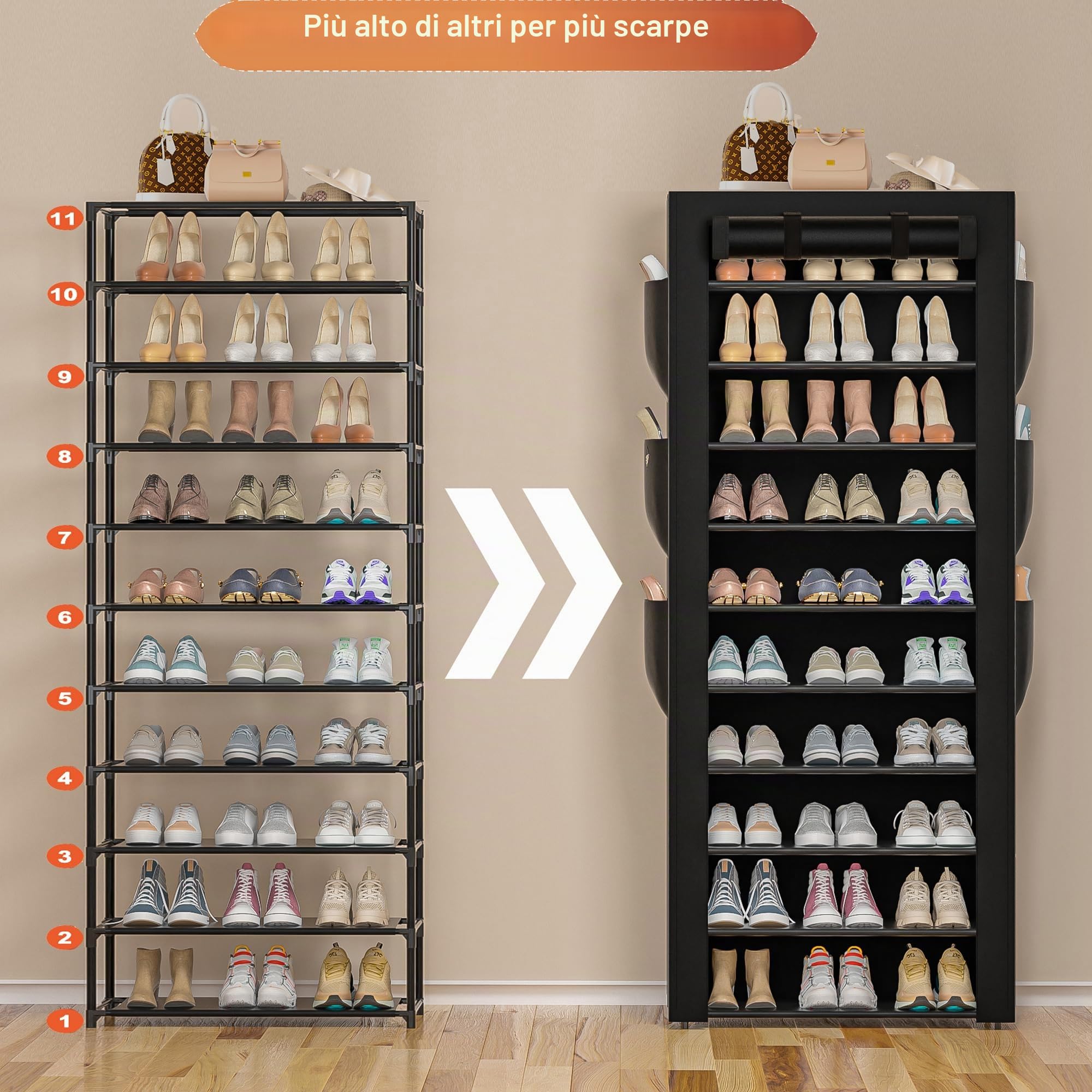 OYREL Scarpiera con coperchio, 10+1 livello, 36-41 paia con 6 tasche laterali | Salvaspazio antipolvere grande capacità di stoccaggio scarpe per armadio ingresso, robusto organizer per scarpe scaffale nero