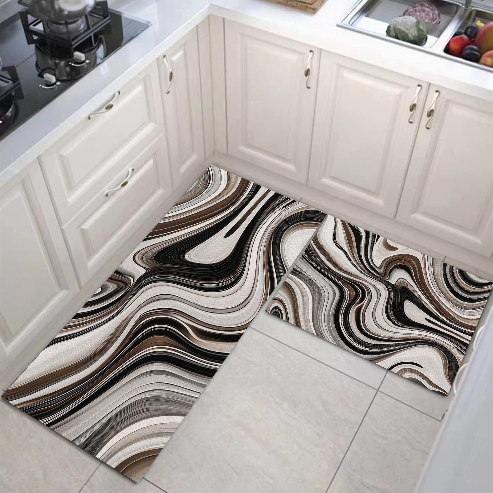 Juego de alfombras de cocina de 2 piezas con diseño de mármol lujoso color marrón