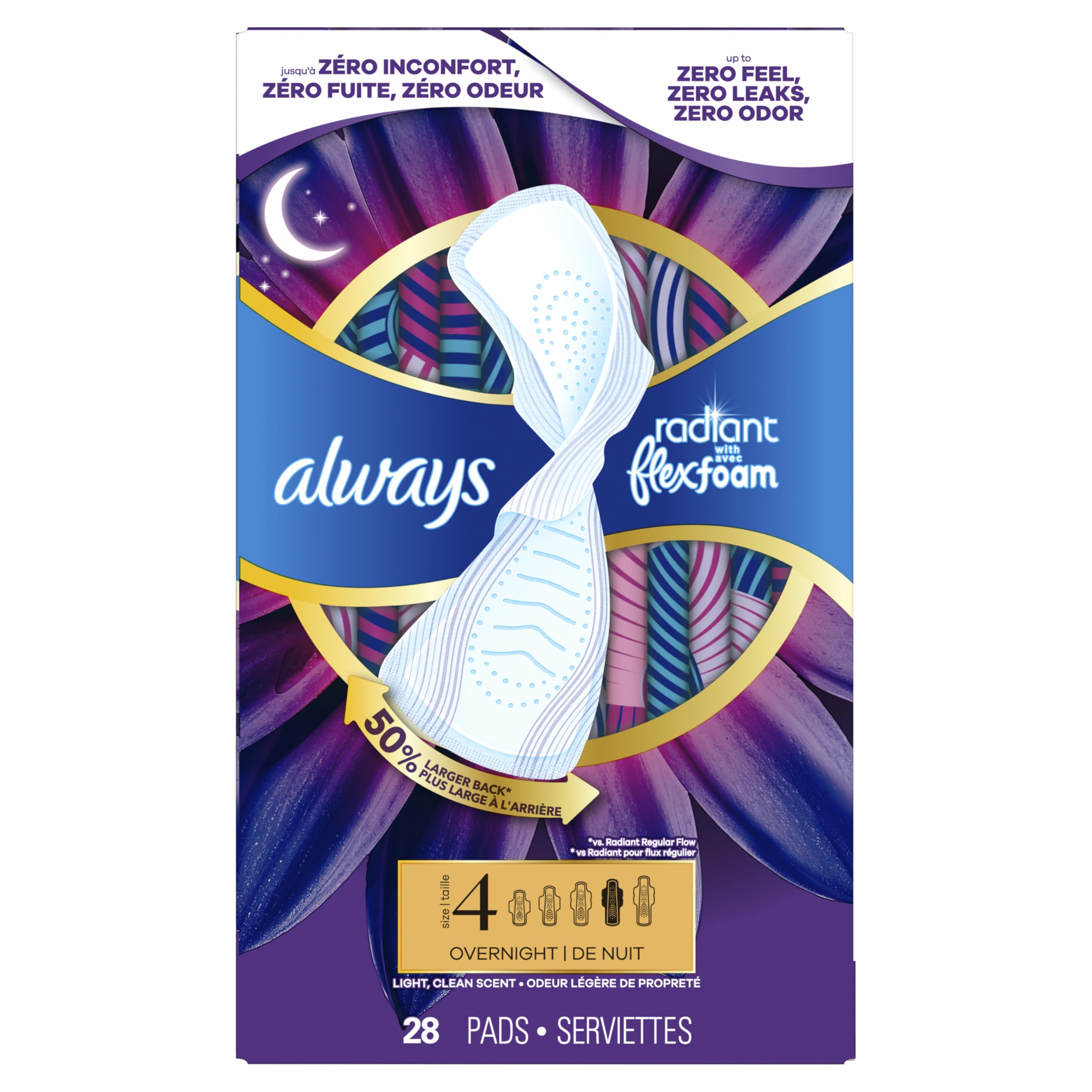 Always Strahlende FlexFoam-Pads für Damen, Größe 4, Saugfähigkeit über Nacht, 100% auslauf- und geruchsfreier Schutz ist möglich, mit Flügeln, parfümiert, 28 Stück