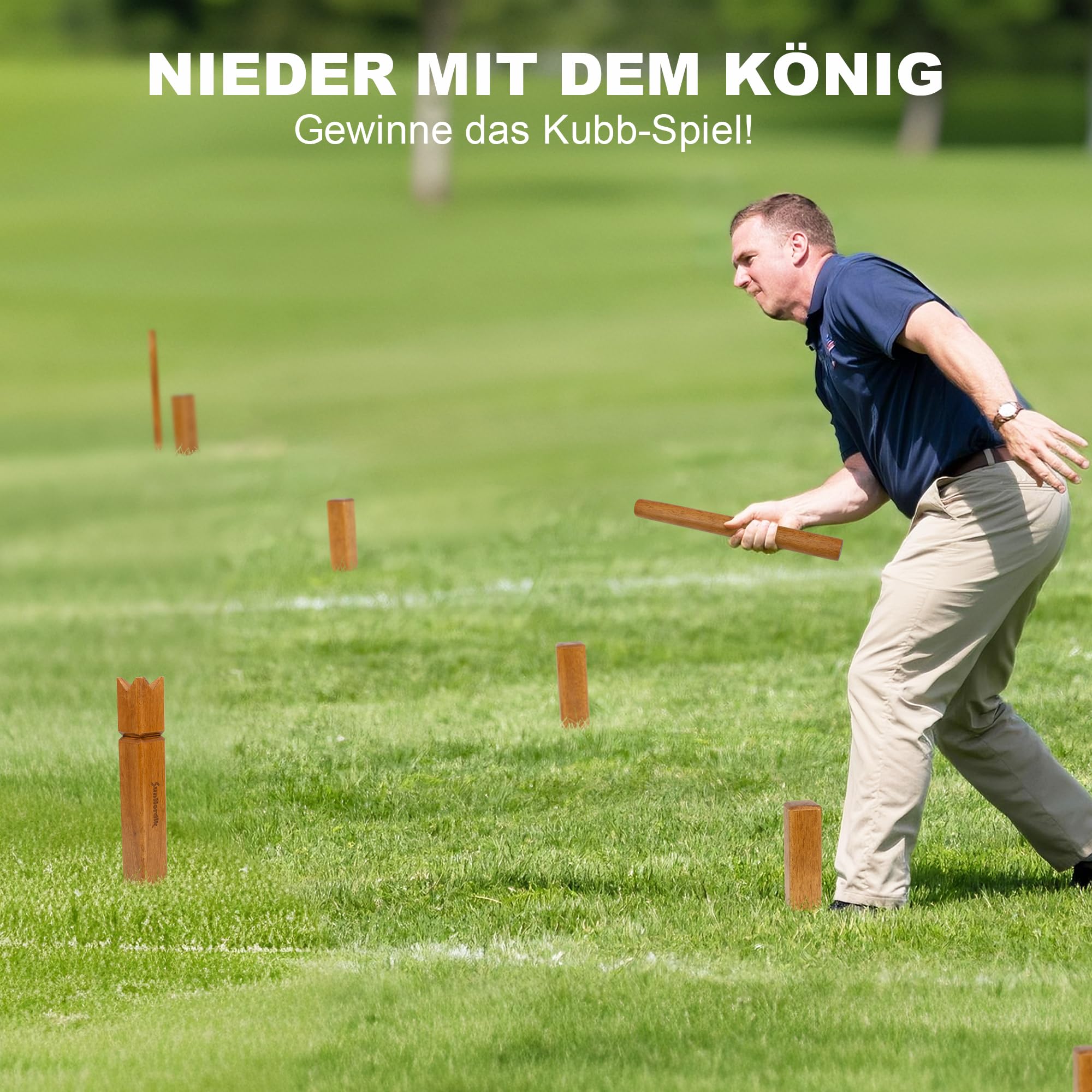 SunNordik Kubb Jeu d'échecs viking suédois en bois d'hévéa de qualité supérieure, avec sac de transport en toile et instructions de jeu (français non garanti), robuste, pour enfants et adultes