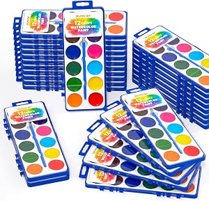Shuttle Art 12 Colors Watercolor Paint Set Bulk, Pack of 30, Watercolor Paint Set with Paint Brushes for Kids and Adults, Washable Paint for Classroom, Parties, Kindergarten and Art Activities