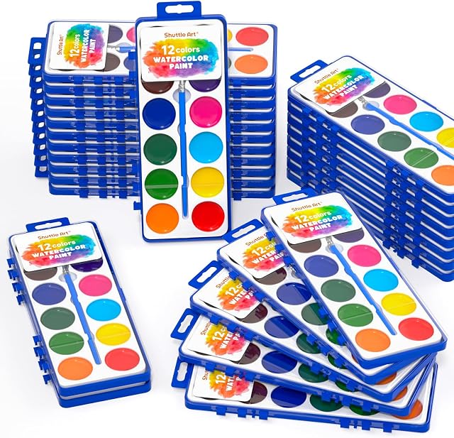 Shuttle Art 12 Colors Watercolor Paint Set Bulk, Pack of 30, Watercolor Paint Set with Paint Brushes for Kids and Adults, Washable Paint for Classroom, Parties, Kindergarten and Art Activities