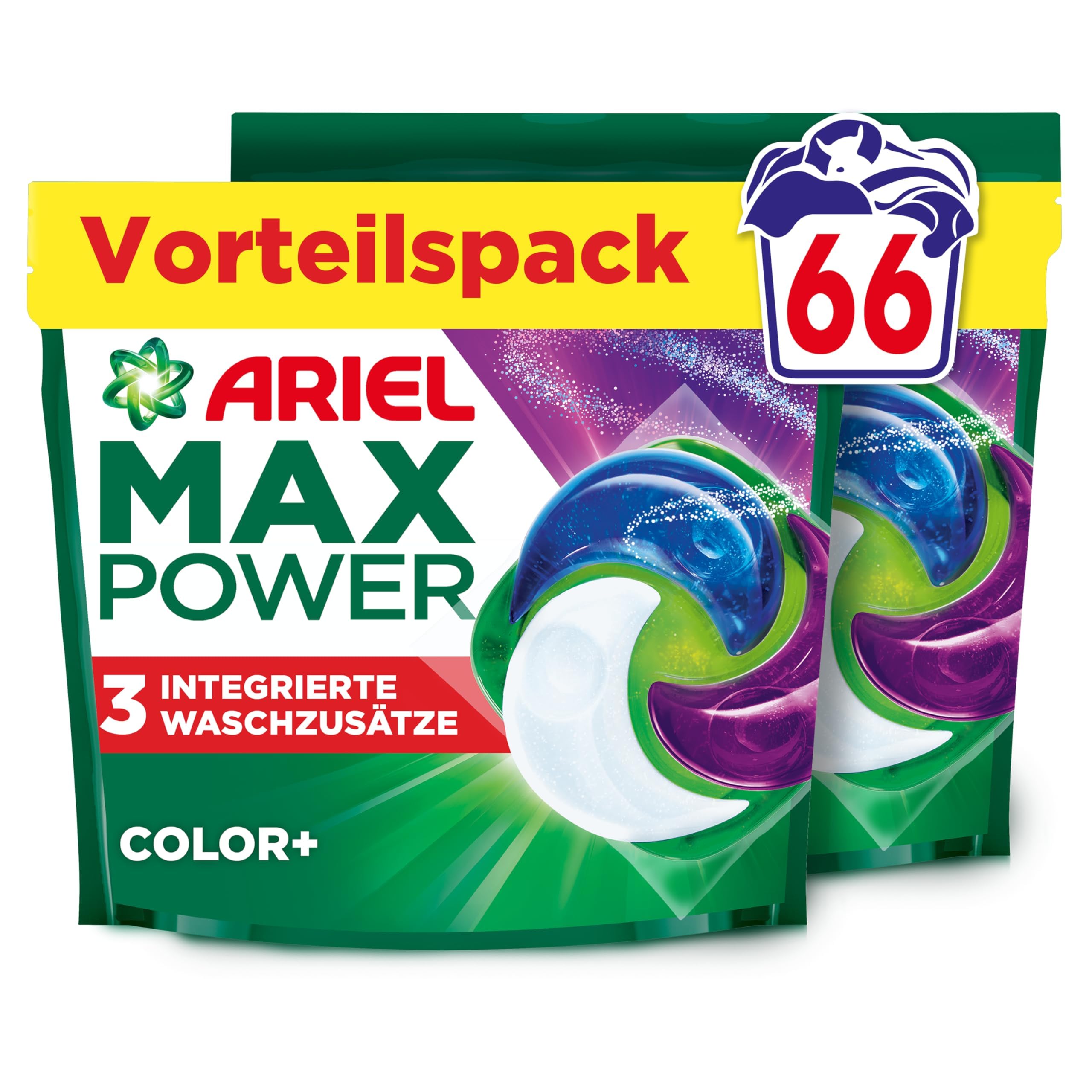 Ariel Max Power PODS, Flüssigwaschmittelkapseln 66 Wäschen, Color+, Mit 3 integrierten Waschzusätzen