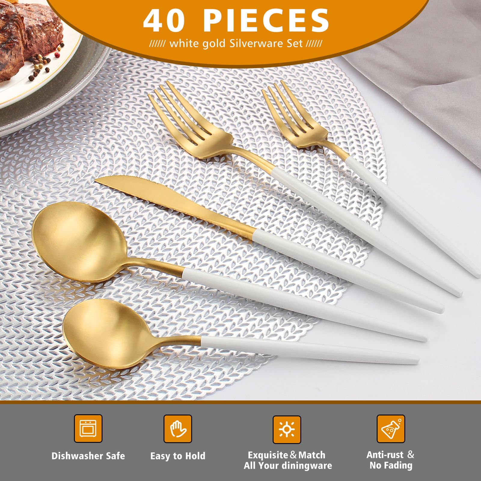 Lot de 40 couverts en acier inoxydable, ensemble de couverts en acier inoxydable pour 8, ensemble d'ustensiles de cuisine avec finition satinée, passe au lave-vaisselle