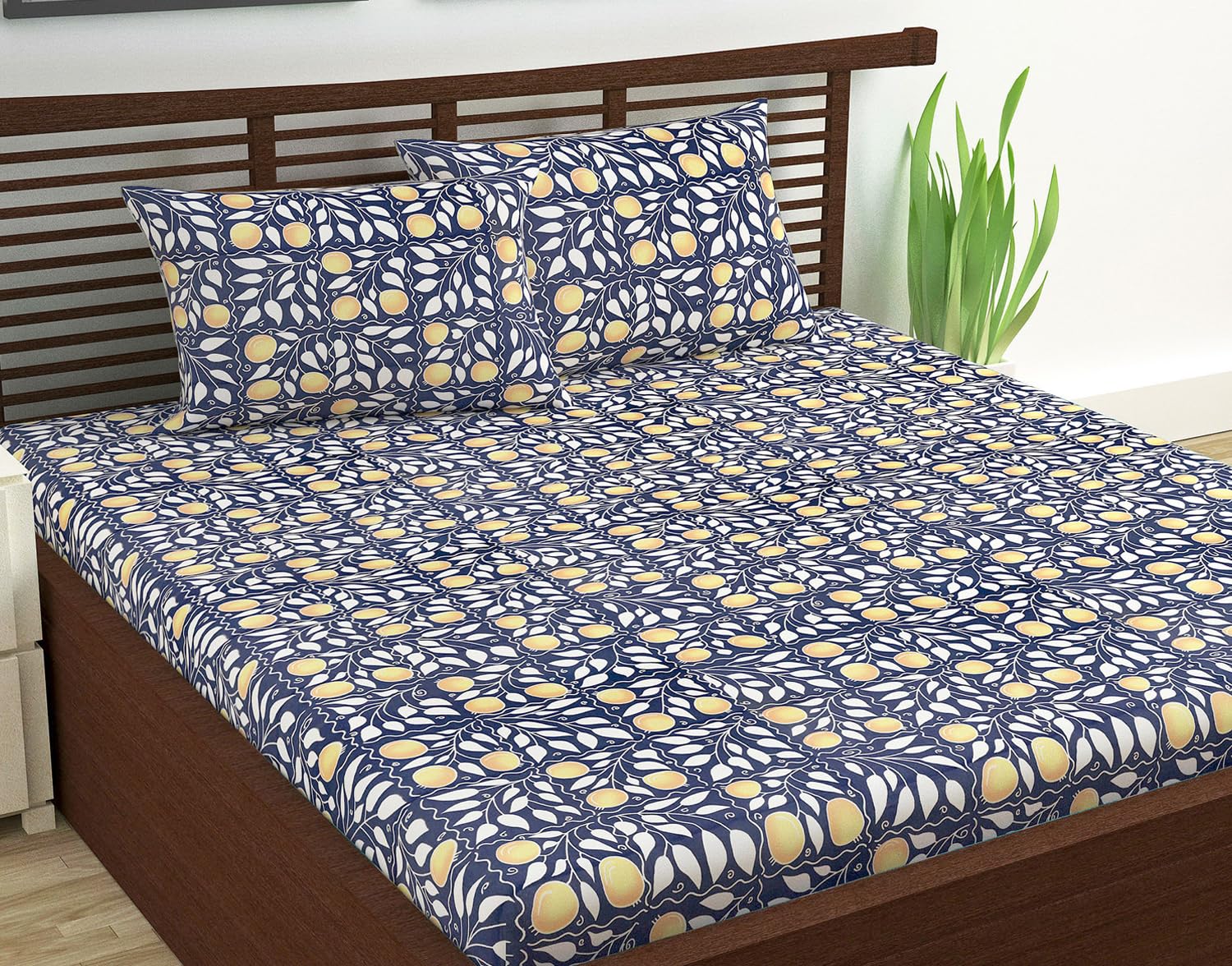 Divine Casa Double Size Bedsheet for Double Bed, 144 TC Pure Cotton Queen Size with 2 Pillow Covers | 222 by 254 cm | Floral | Navy & Orange
