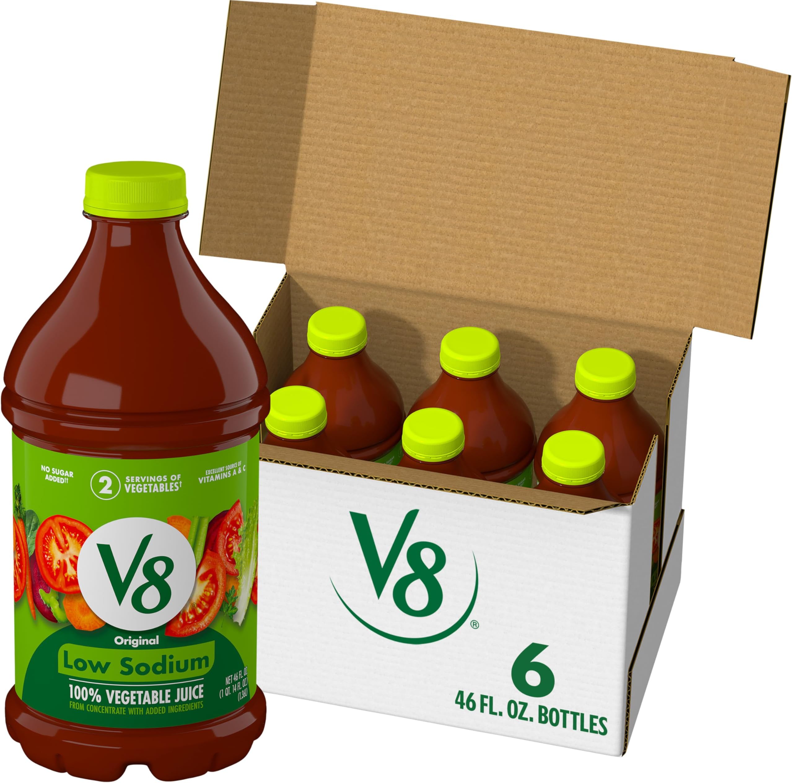 V8 Low Sodium Original 100% Vegetable Juice, 46 fl oz Bottle (Case of 6)