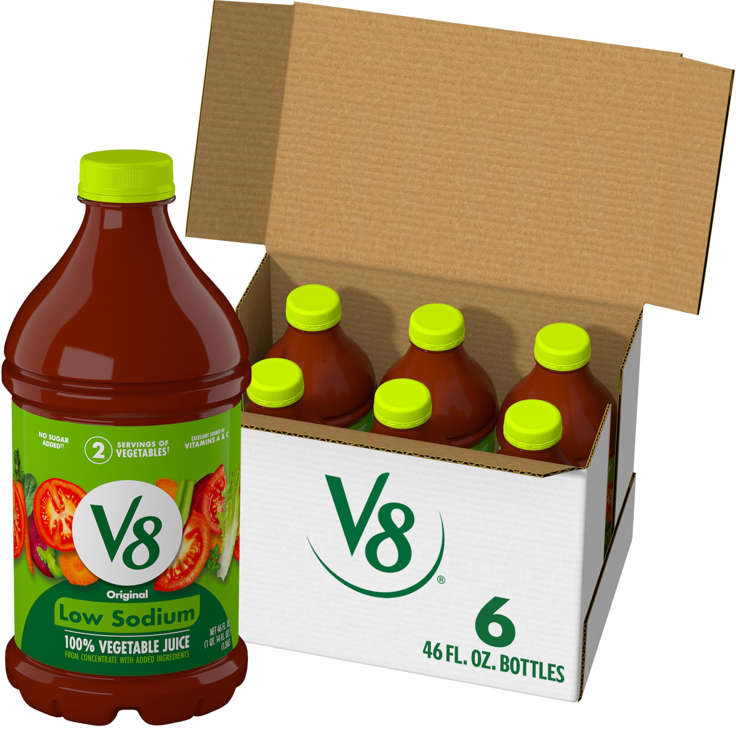 V8 Low Sodium Original 100% Vegetable Juice, 46 fl oz Bottle (Case of 6)